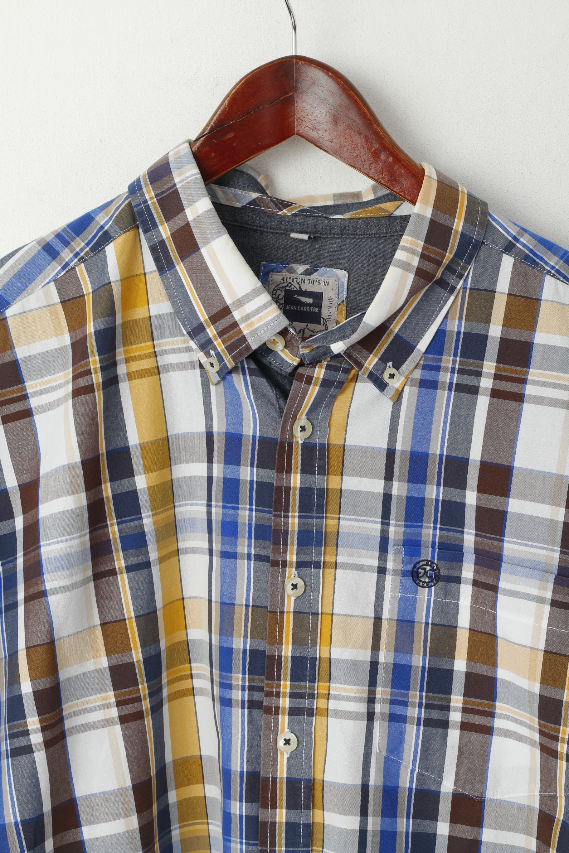 Jean Carriere Men XXL Casual Shirt Blue Check Cotton Basic Long Sleeve Top - Image 2