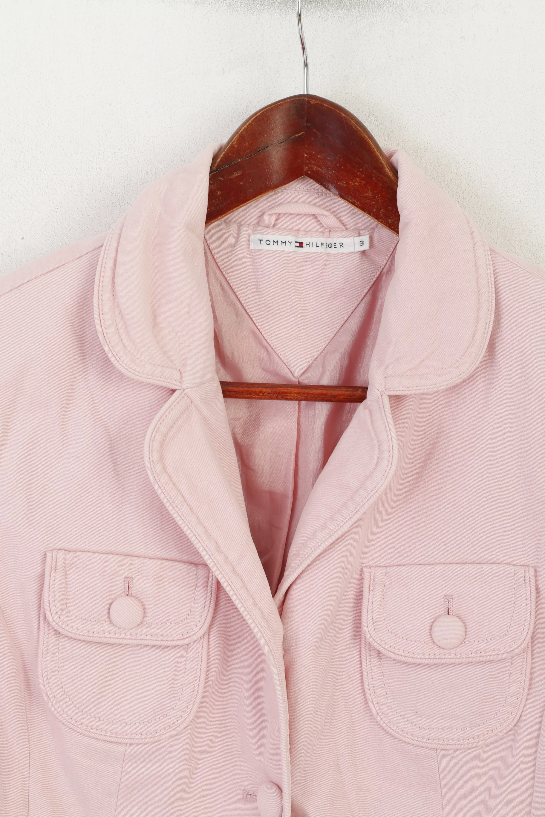 Tommy Hilfiger Women 8 S Blazer Pink Cotton Cropped Shoulder Pads Jacket - Image 2