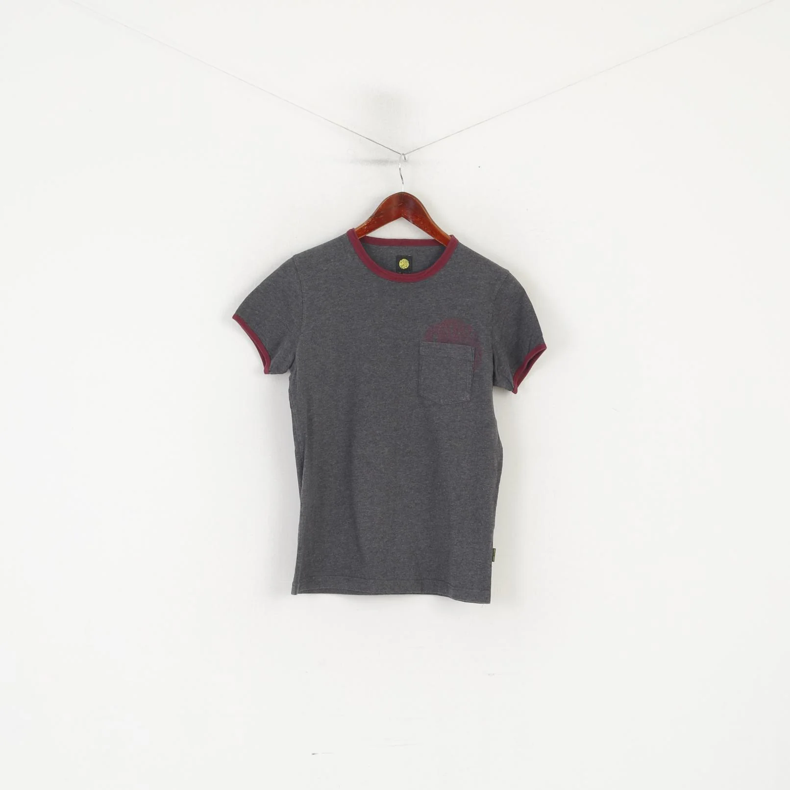 Pretty Green Men 1 XS Shirt Grey Cotton Crew Neck Slim Fit Classic Pocket Top
