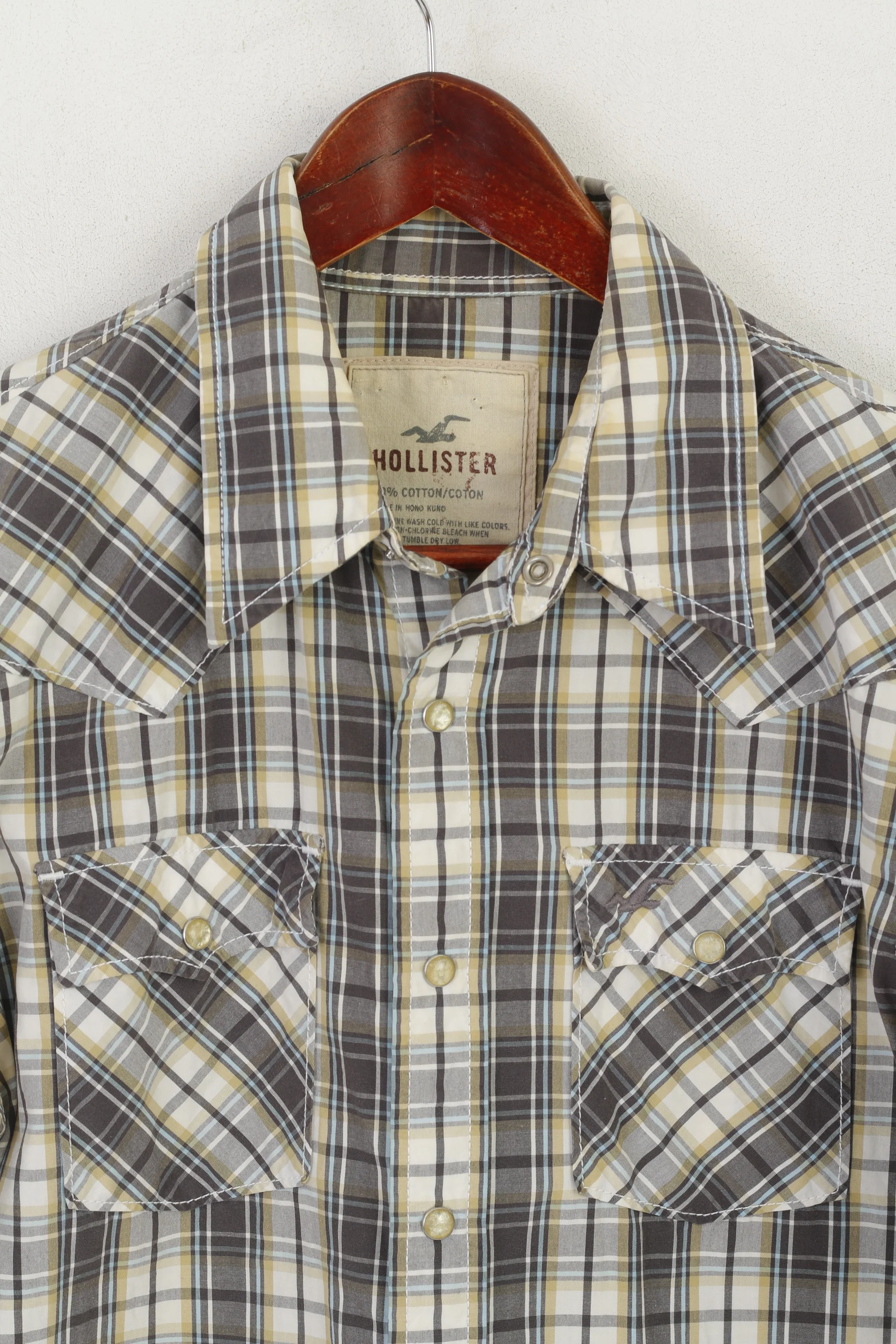 Hollister Men S Casual Shirt Brown Check Cotton Snap Button Pocket Long Sleeve Top - Image 2