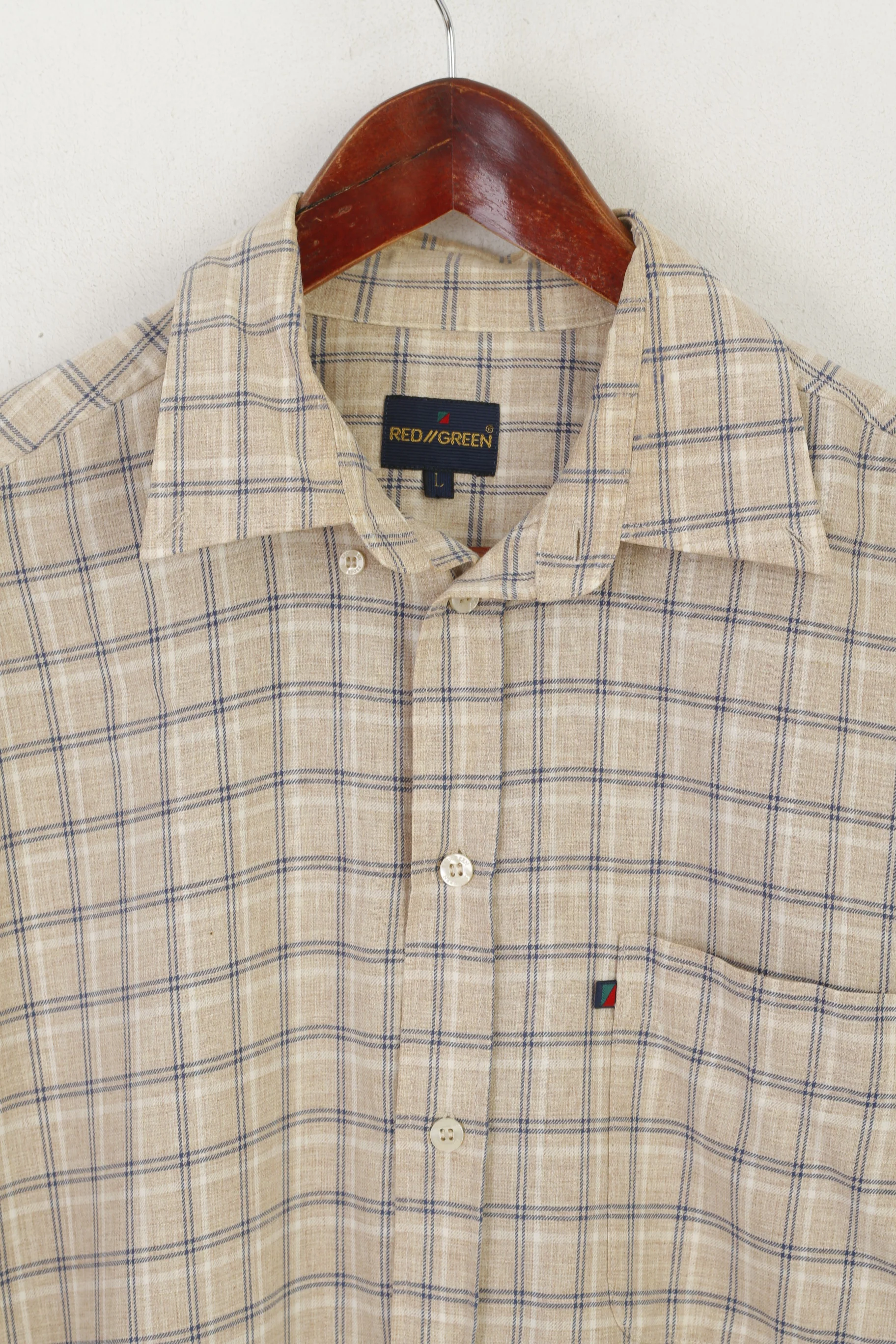 Red Green Men L Casual Shirt Beige Check Cotton Detailed Buttons Long Sleeve Top - Image 2