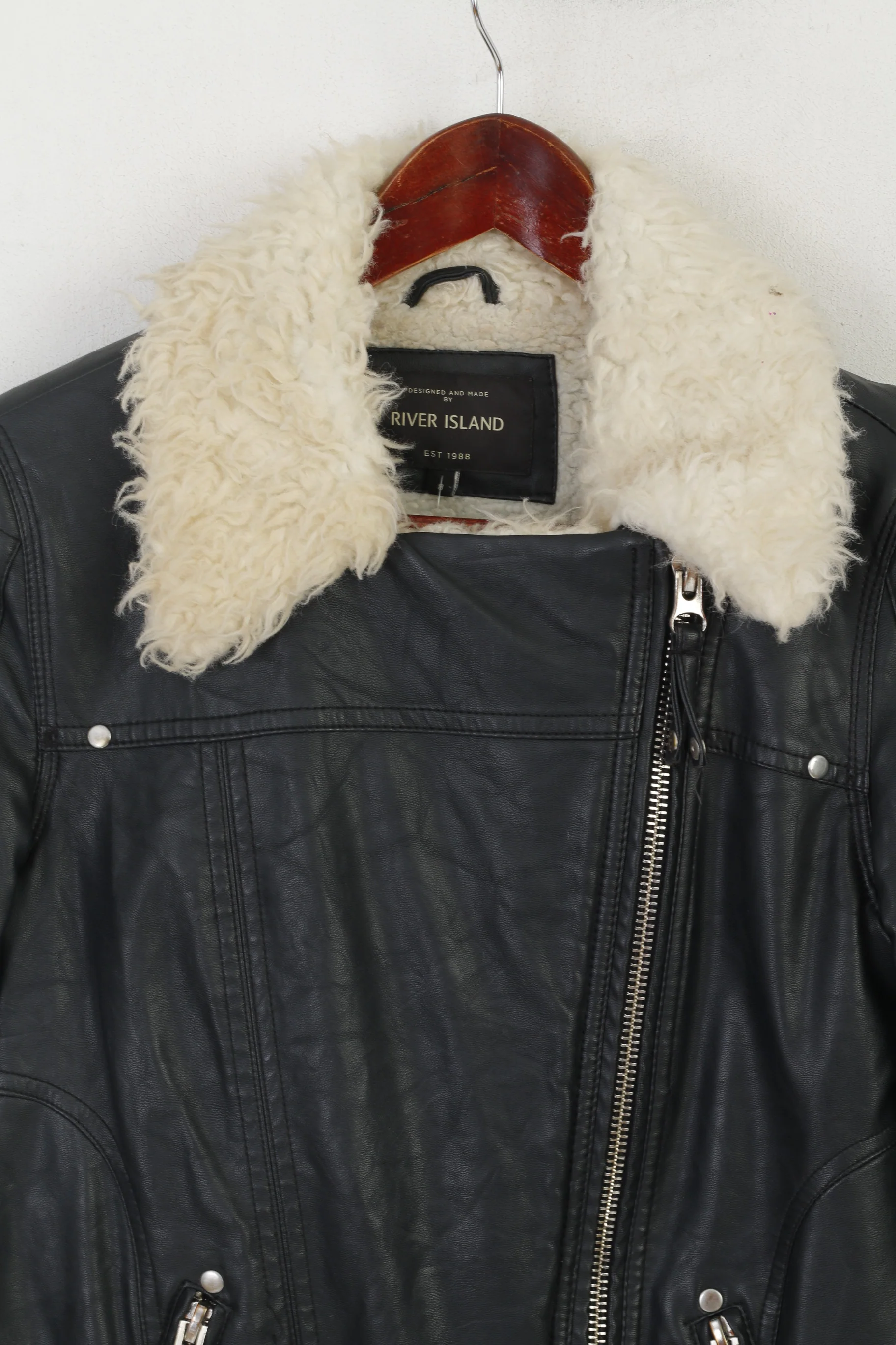River Island Women 8 34 XS Jacket Black Biker Padded Ramones Full Zipper Top - Image 2