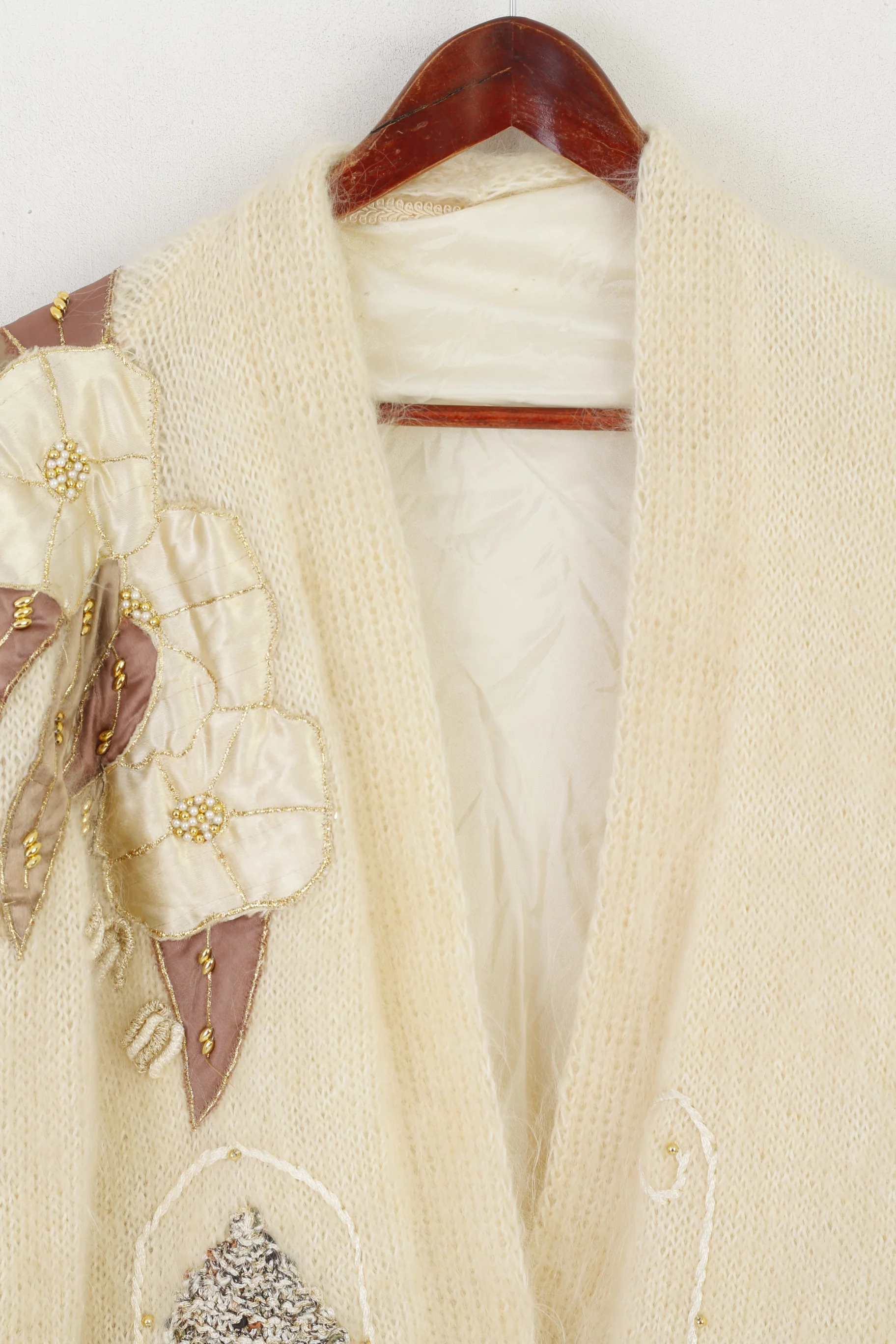 Handarbelt Women L/XL Cardigan Beige Mohair Hand Made Embroidered Sweater - Image 2