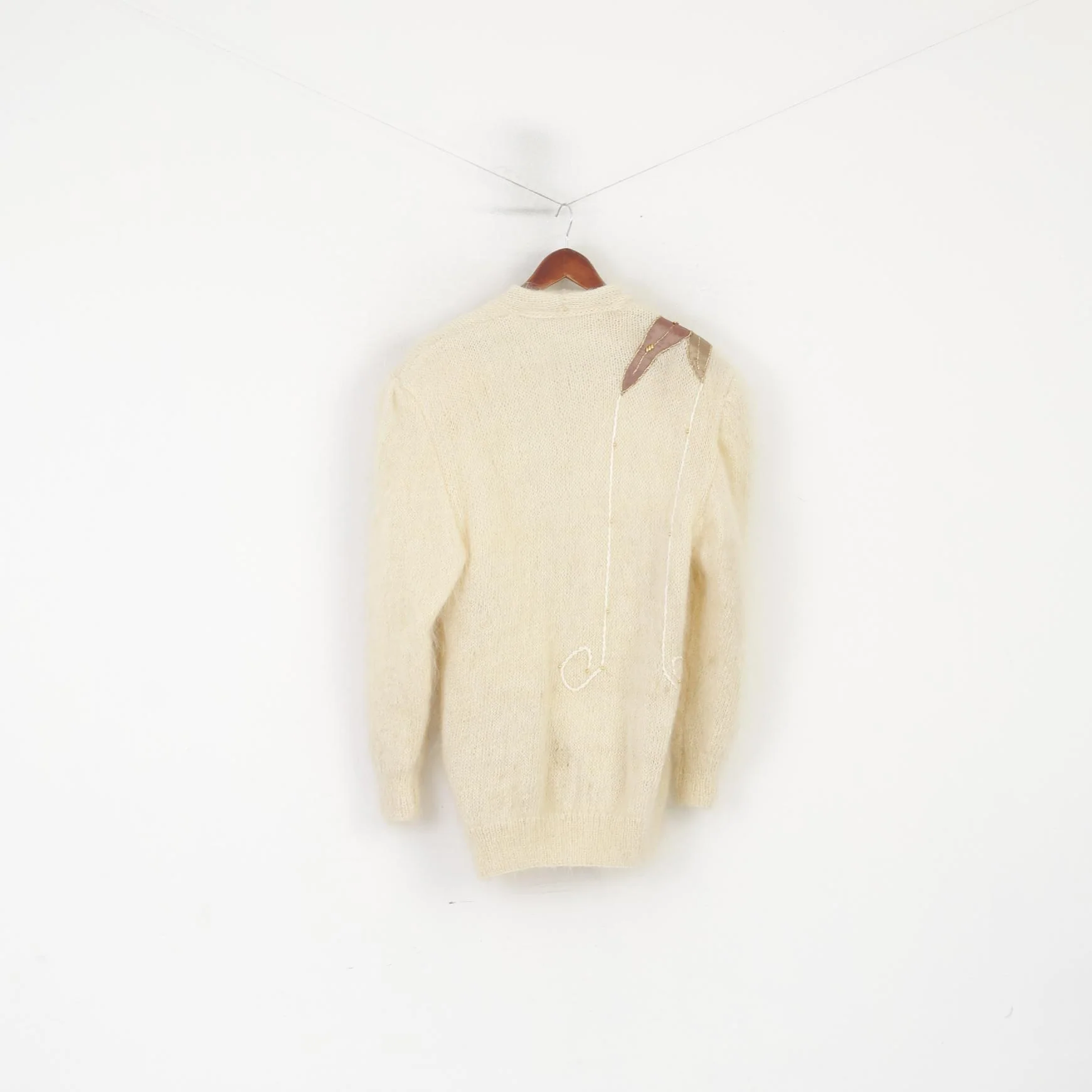 Handarbelt Women L/XL Cardigan Beige Mohair Hand Made Embroidered Sweater - Image 8