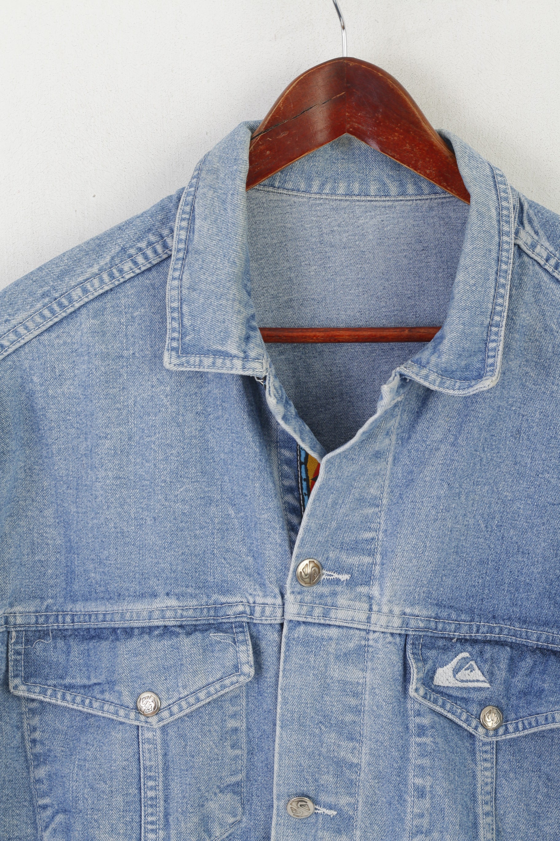 Quiksilver Men L Denim Jacket Blue Cotton Vintage Aztec Jeanswear Top - Image 2