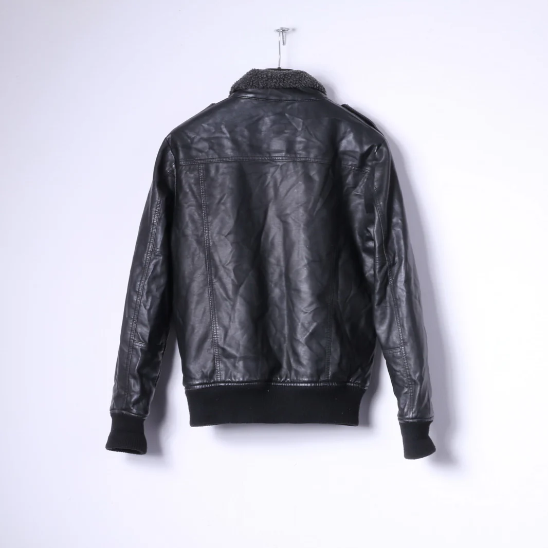 Identity Mens S Bomber Jacket Black Leather Imitation Fur Lined Biker Zip Up Top - Image 7