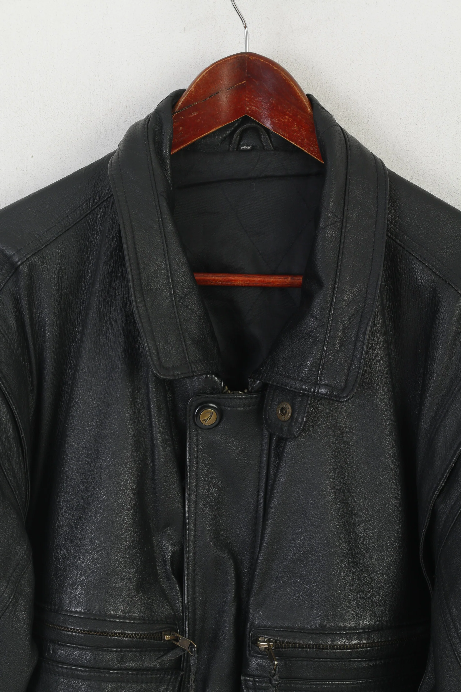 Wing Hing Men 56 XL Jacket Black Leather Bomber Vintage Zip Up Classic Top - Image 2
