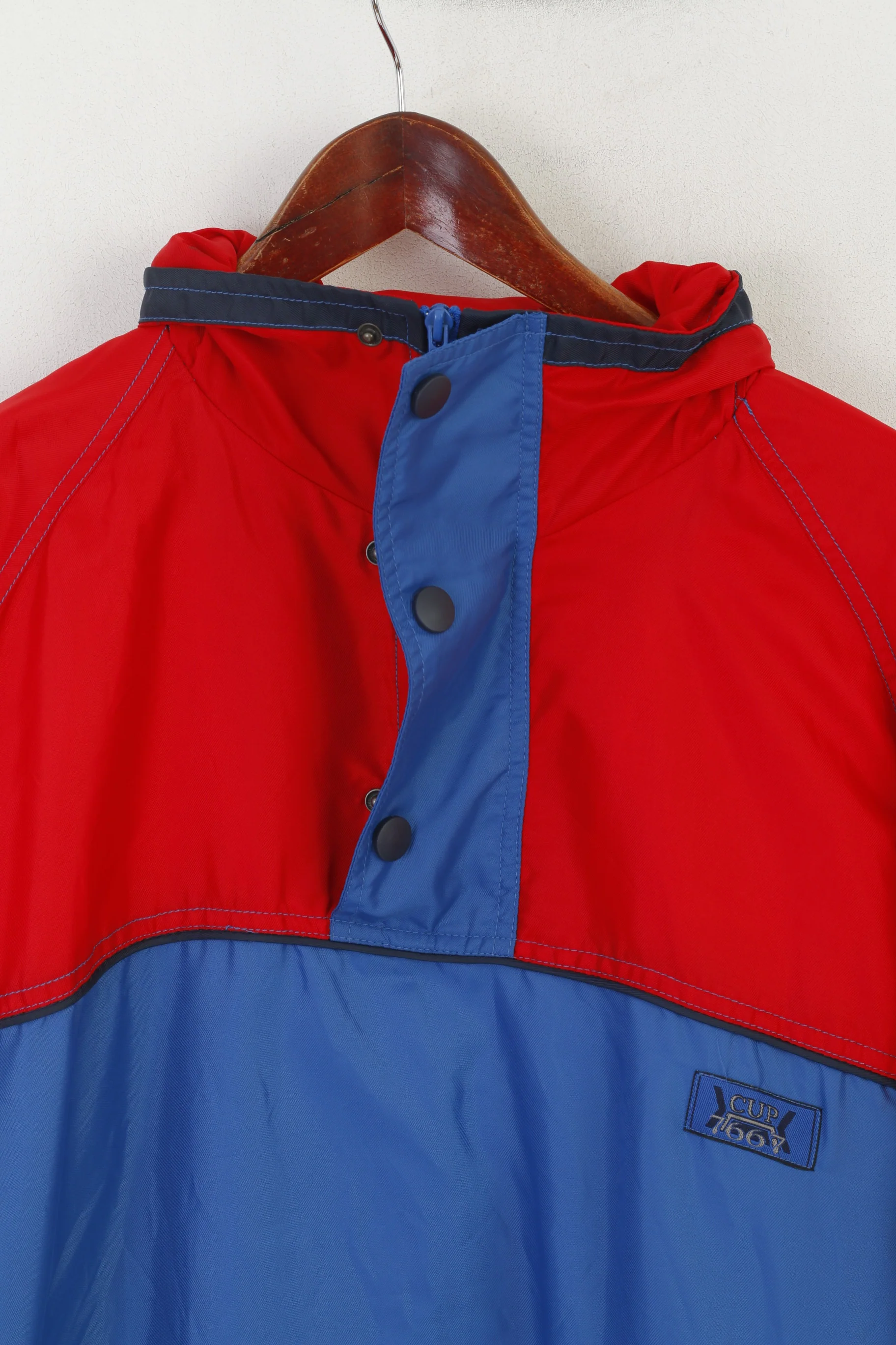 Marcel Clair Men L Pullover Jacket Blue Red Nylon CUP '66 Vintage Hidden Hood Top - Image 2