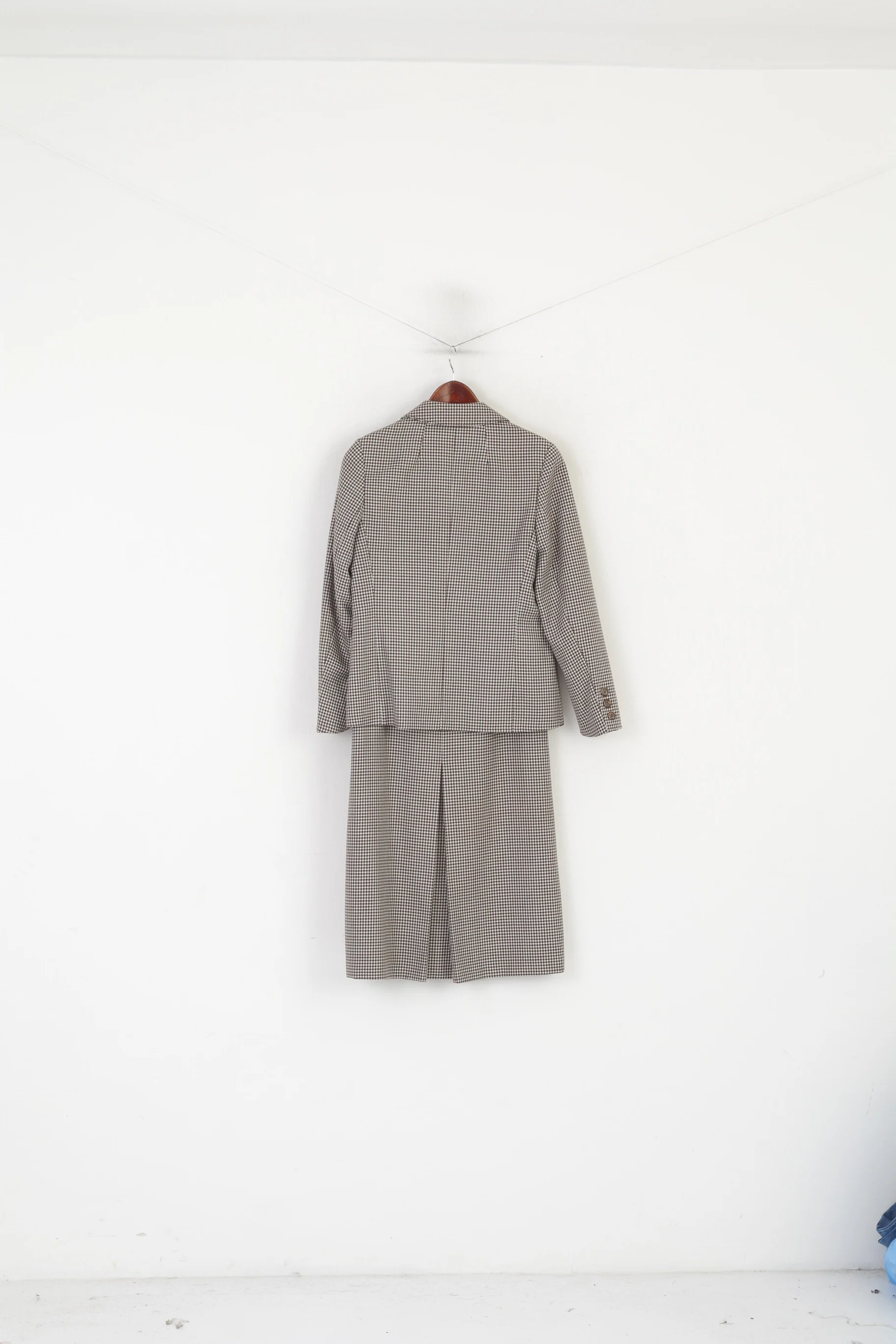 Gelco Trevira Women 38 S Suit Brown Wool Houndstooth Skirt Blazer Vintage - Image 2
