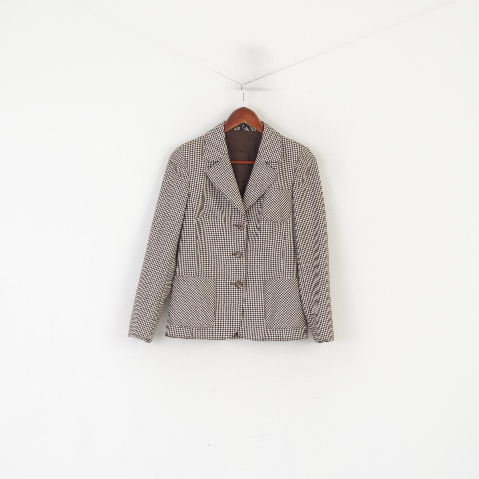 Gelco Trevira Women 38 S Suit Brown Wool Houndstooth Skirt Blazer Vintage - Image 3