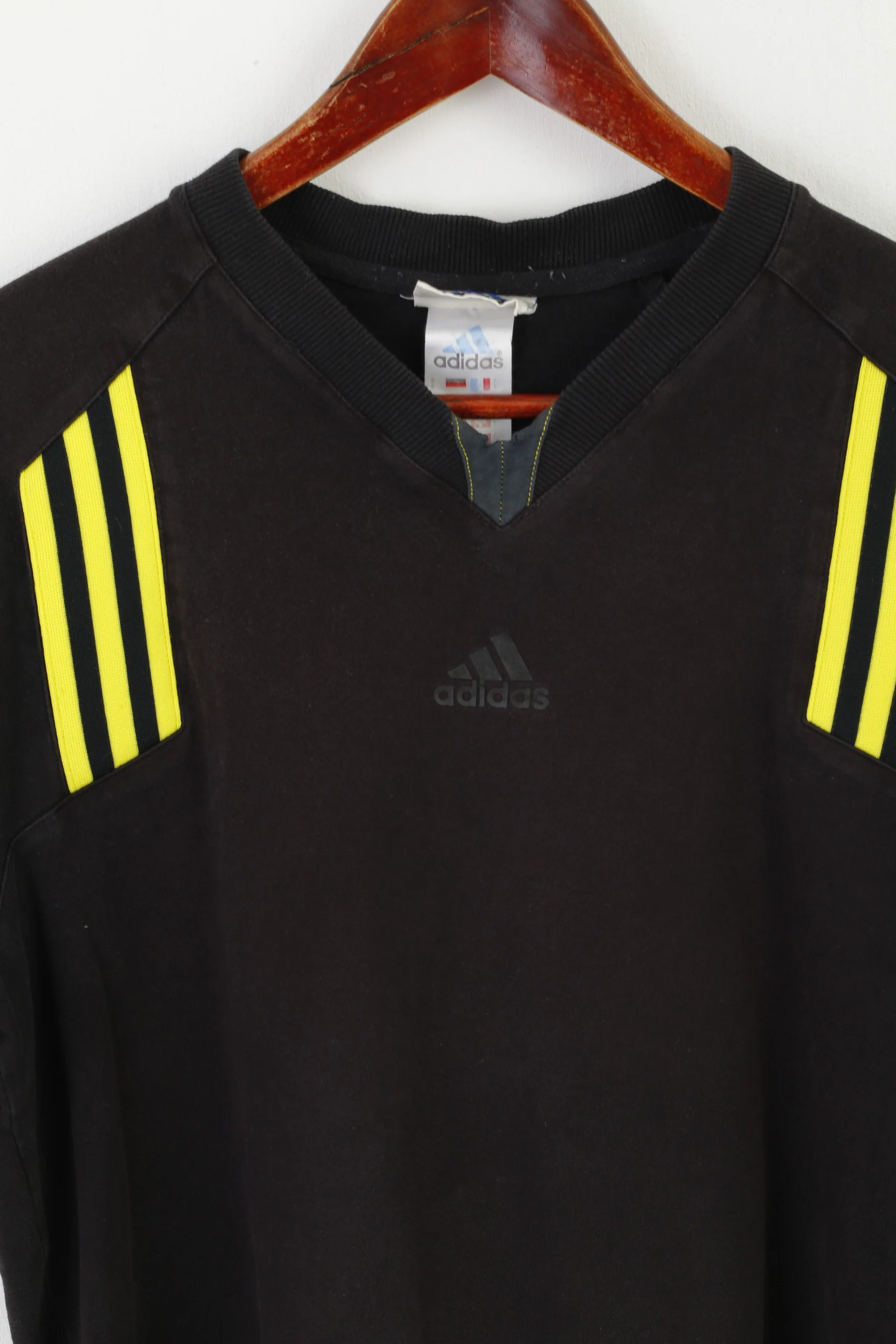 Adidas Men L Shirt Black Cotton Vintage 90s Sportswear V Neck Active Top - Image 2
