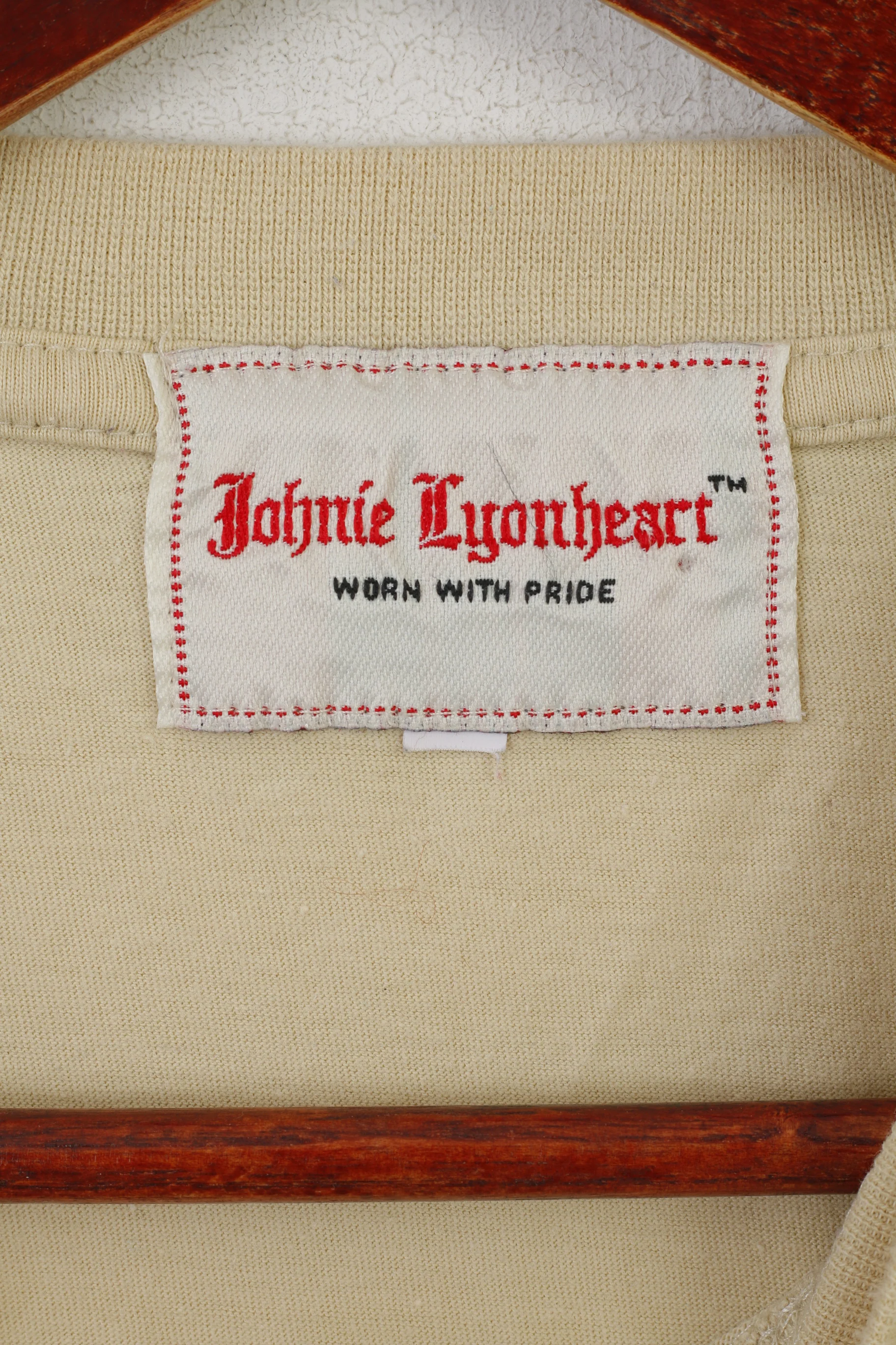 Johnie Lyonheart Men S Shirt Beige Cotton Graphic Vintage Moto Crew Neck Top - Image 4