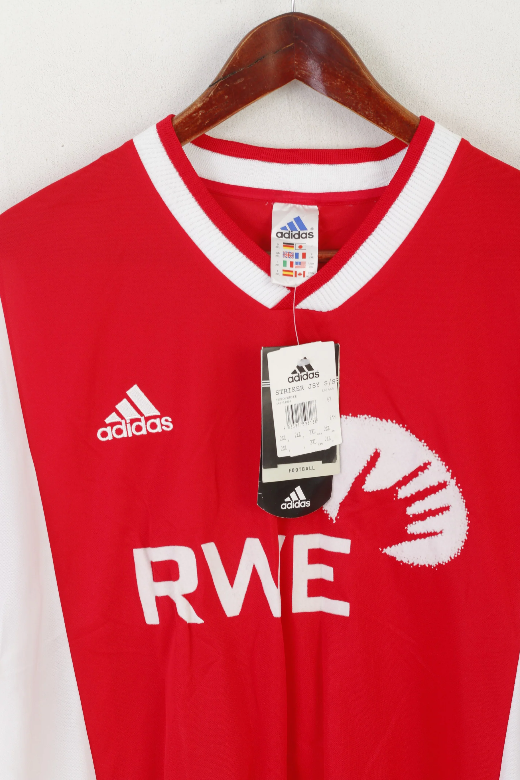 New Adidas Men 2XL Shirt Red White Football #2 RWE Striker Jersey V Neck Top - Image 2