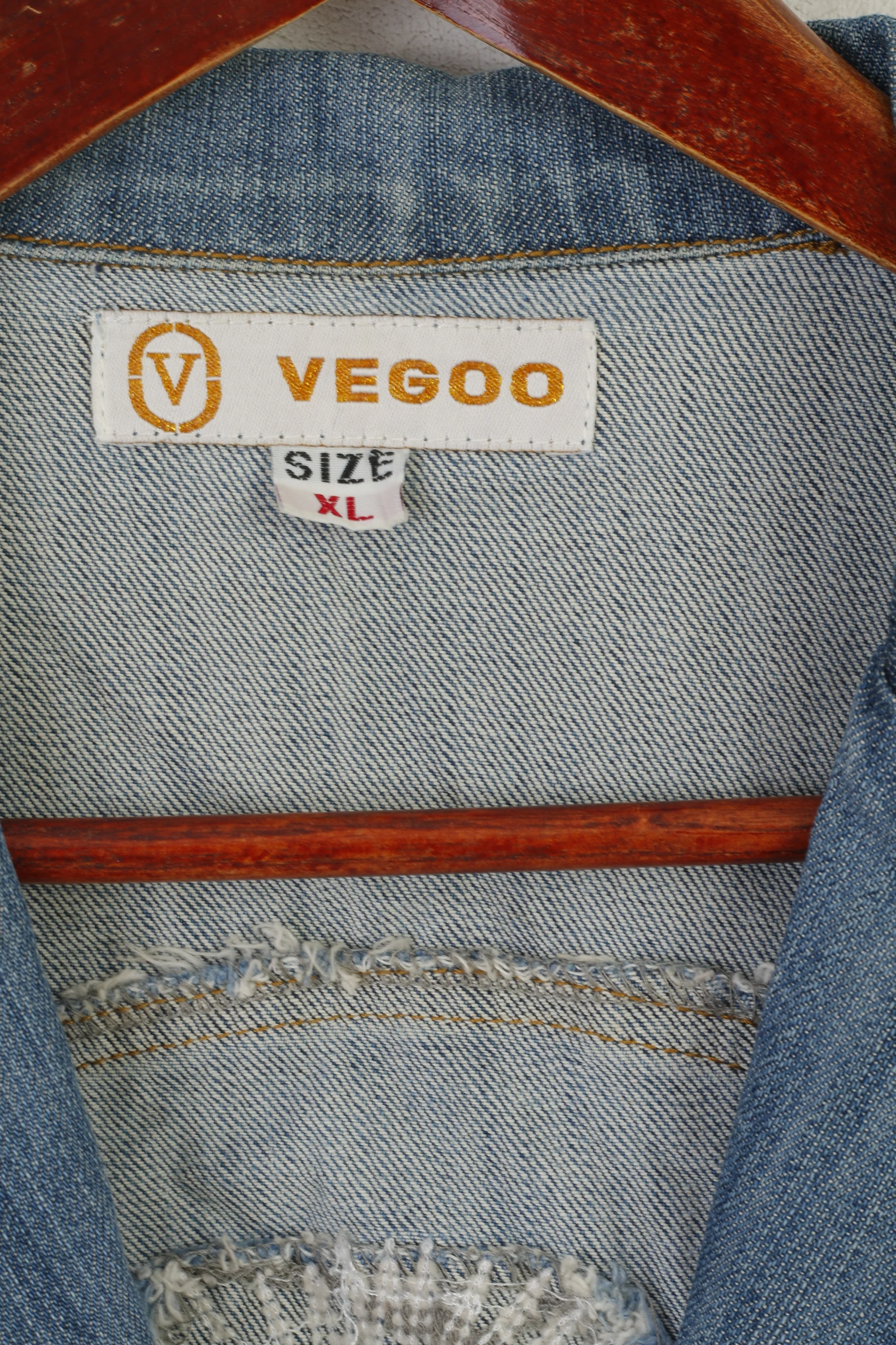 Vegoo Women XL (M) Denim Jacket Blue Vintage Glitter Jeans Gold Buttons Blazer - Image 4