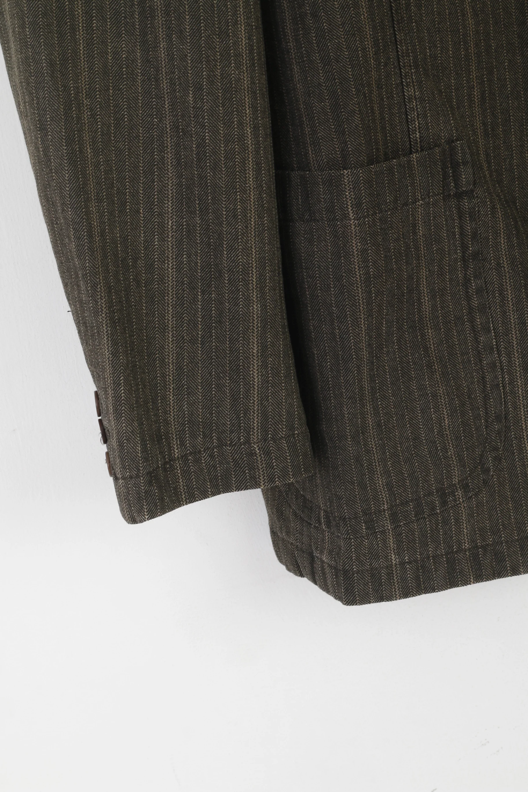 Stones Men XL Blazer Brown Cotton Denim Striped Vintage Single Breasted Jacket - Image 3