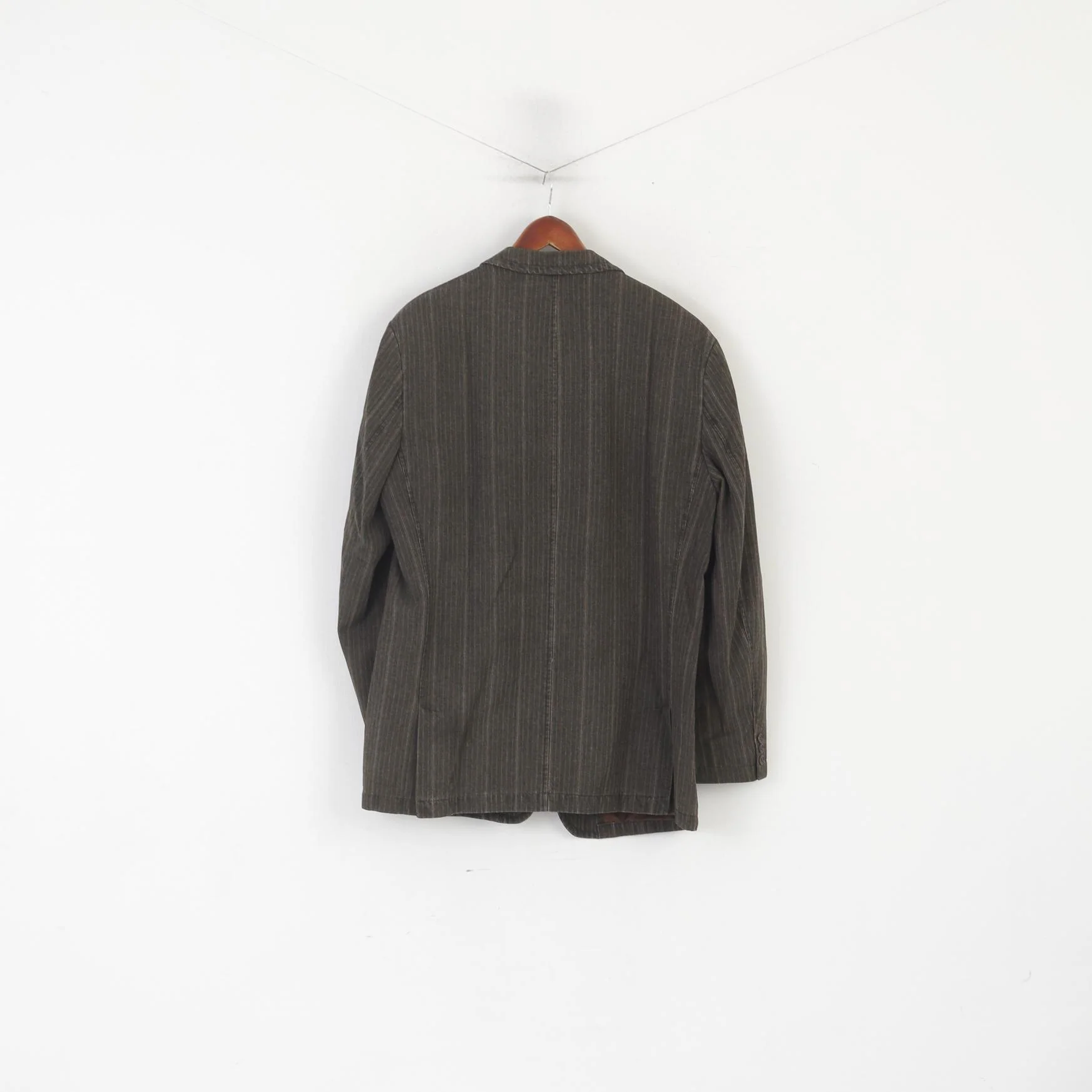 Stones Men XL Blazer Brown Cotton Denim Striped Vintage Single Breasted Jacket - Image 7