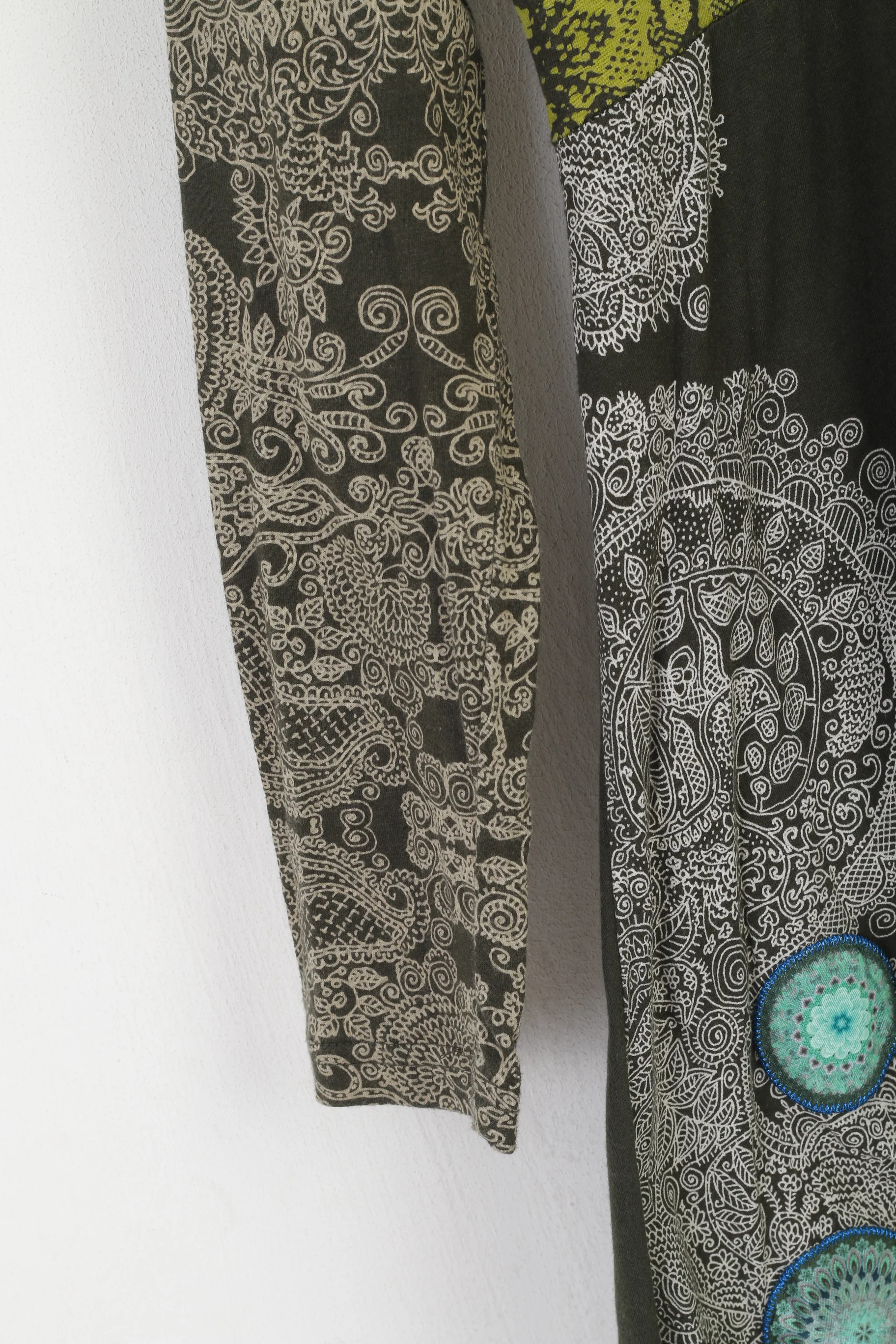 Desigual Women L (M) Dress Green Boho Emroidered Cotton V Neck Long Sleeve - Image 3