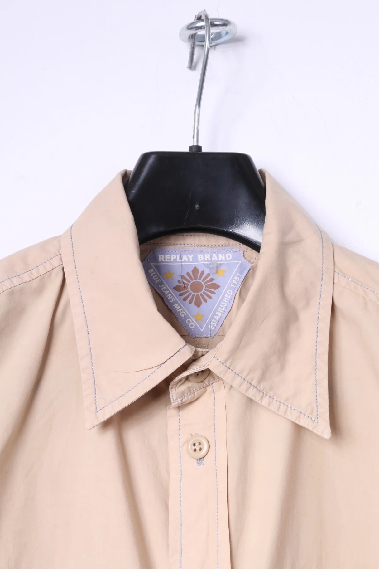 Replay Brand Blue Jeans Mens XL Casual Shirt Beige Cotton Embroidered Short Sleeve Top - Image 2