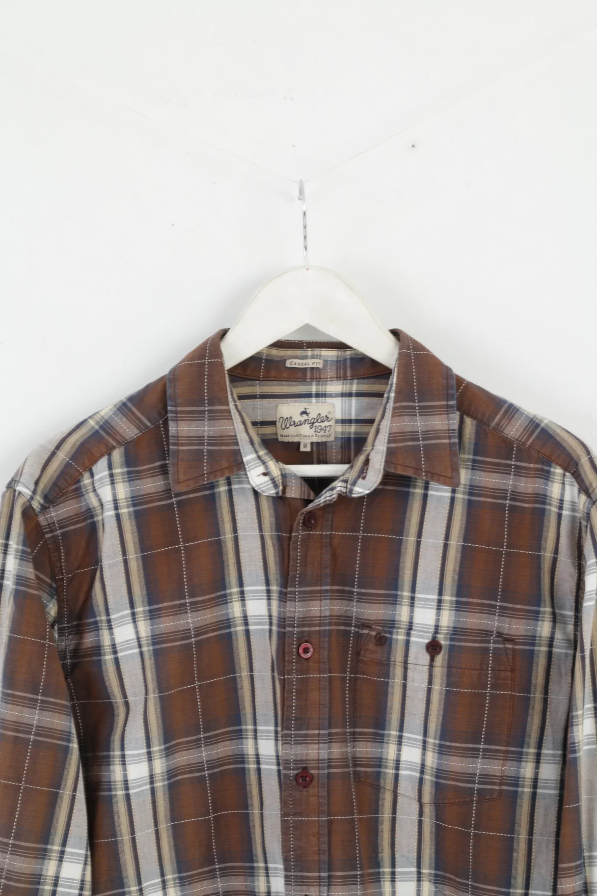Wrangler Mens M Casual Shirt Brown Check Cotton Casual Fit Country Top - Image 2
