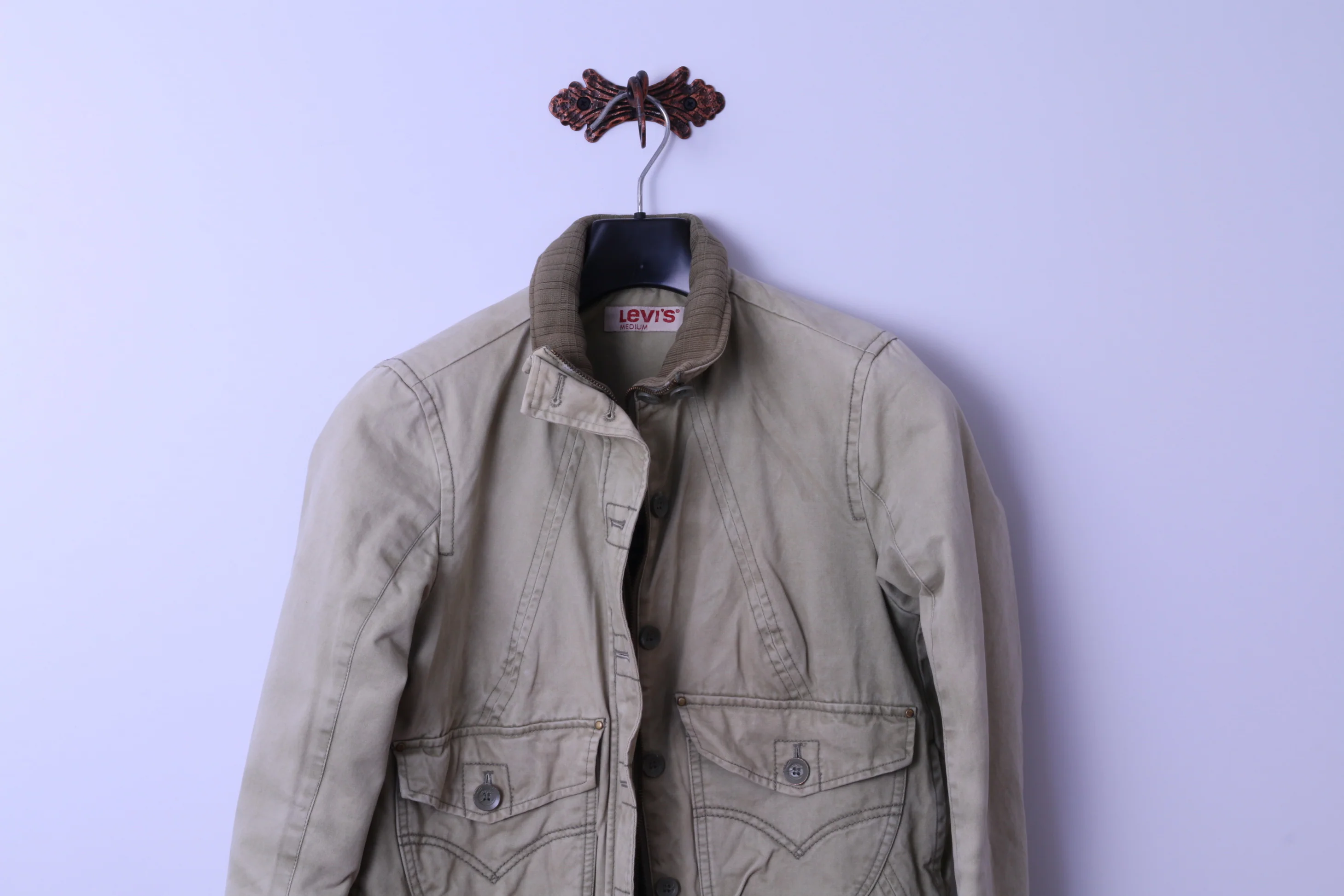 Levi's Womens M Jacket Bomber Khaki Cotton Paded Classic Full Zipper Top - Image 2