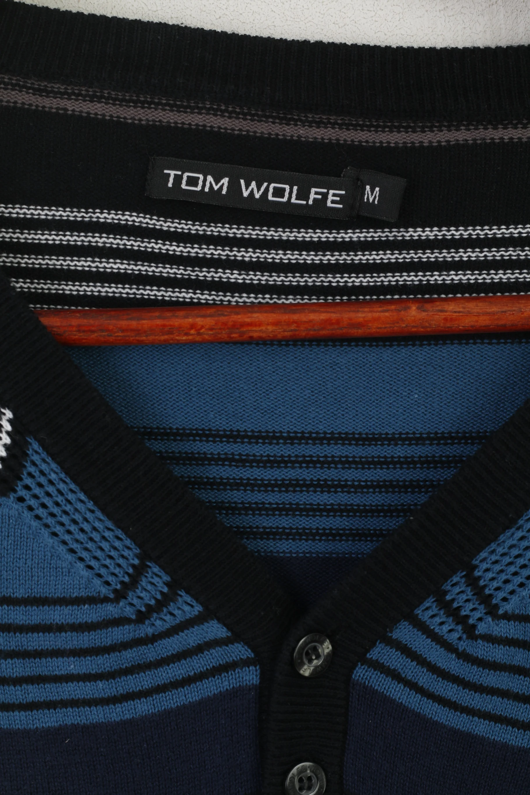 Tom Wolfe Men M Jumper Black Blue Striped Cotton Neck Stretch Sweater - Image 4