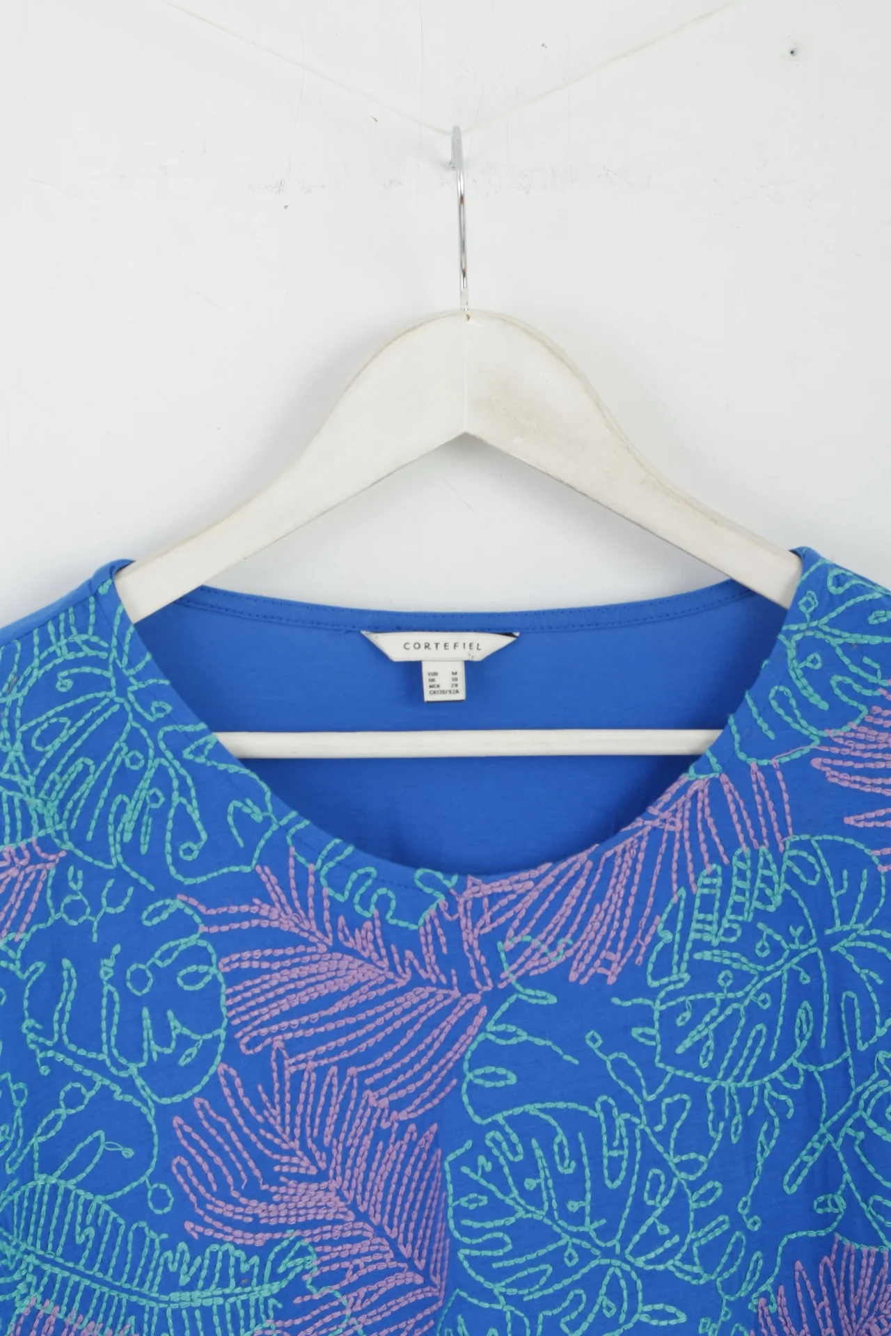 CORTEFIEL Womens M Shirt Blue Emroidered Cotton Crew Neck Top - Image 2