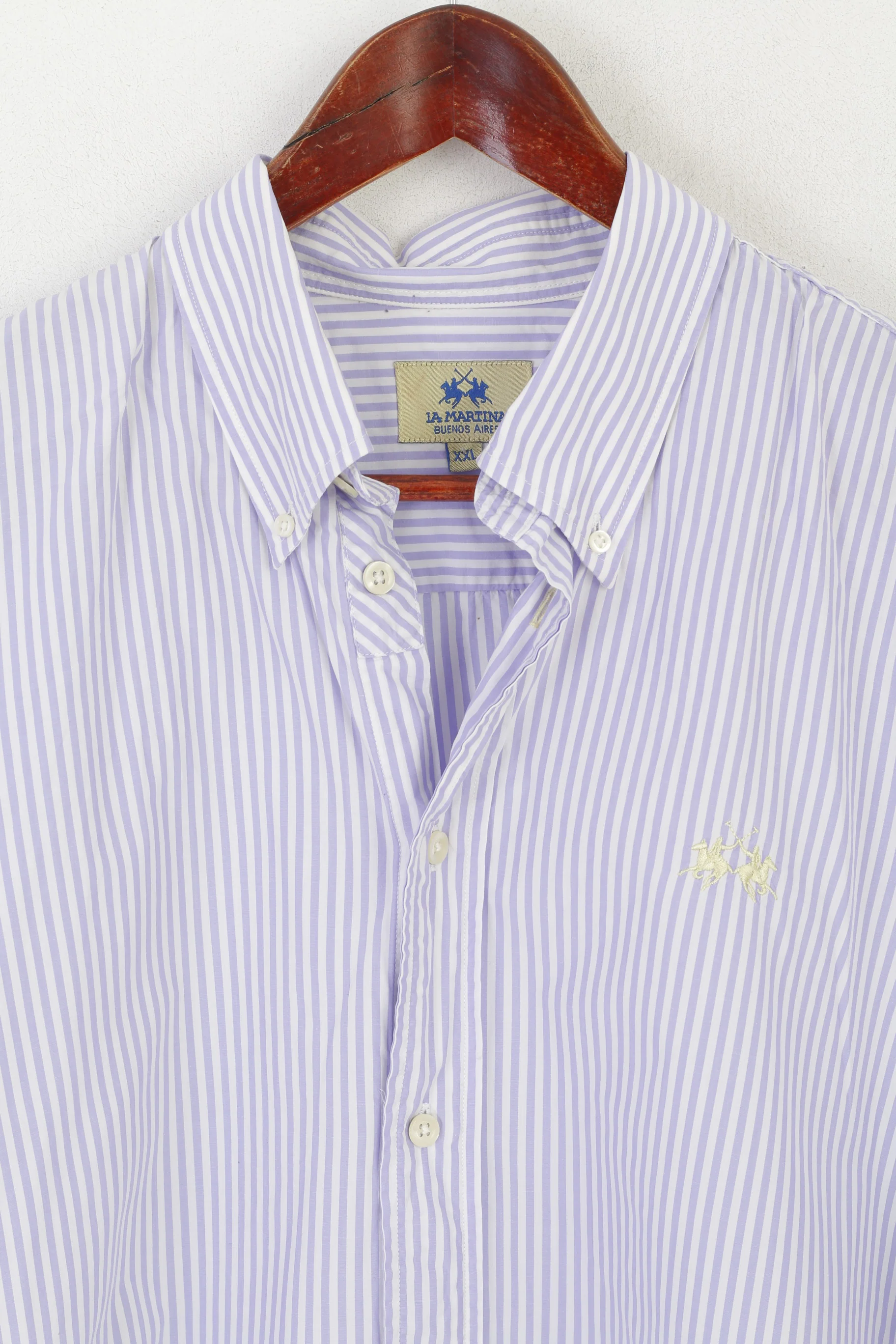 La Martina Men XXL Casual Shirt Purple White Striped Cotton Short Sleeve Top - Image 2