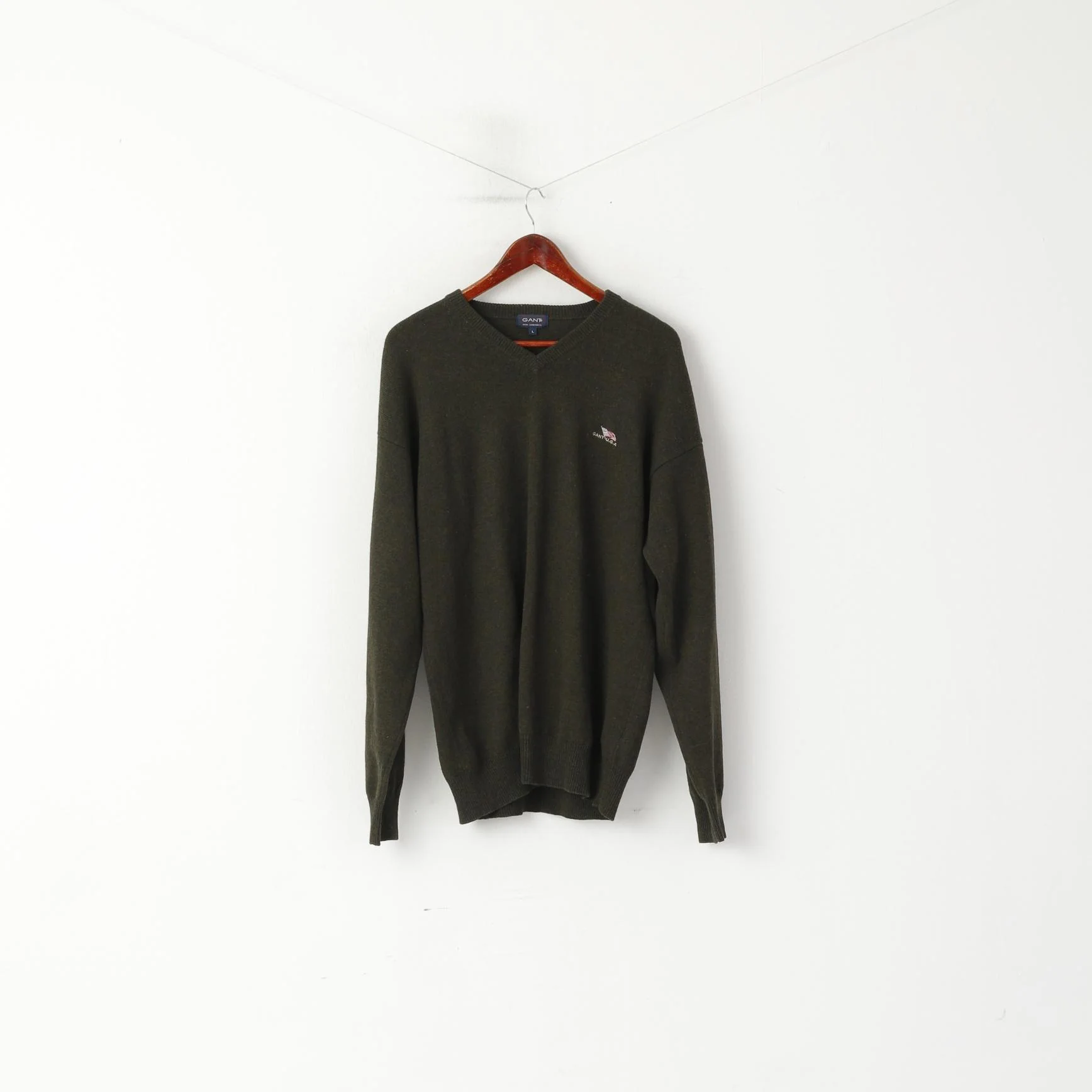 Gant Men L Jumper Green 100% Wool V Neck Classic USA Soft Sweater