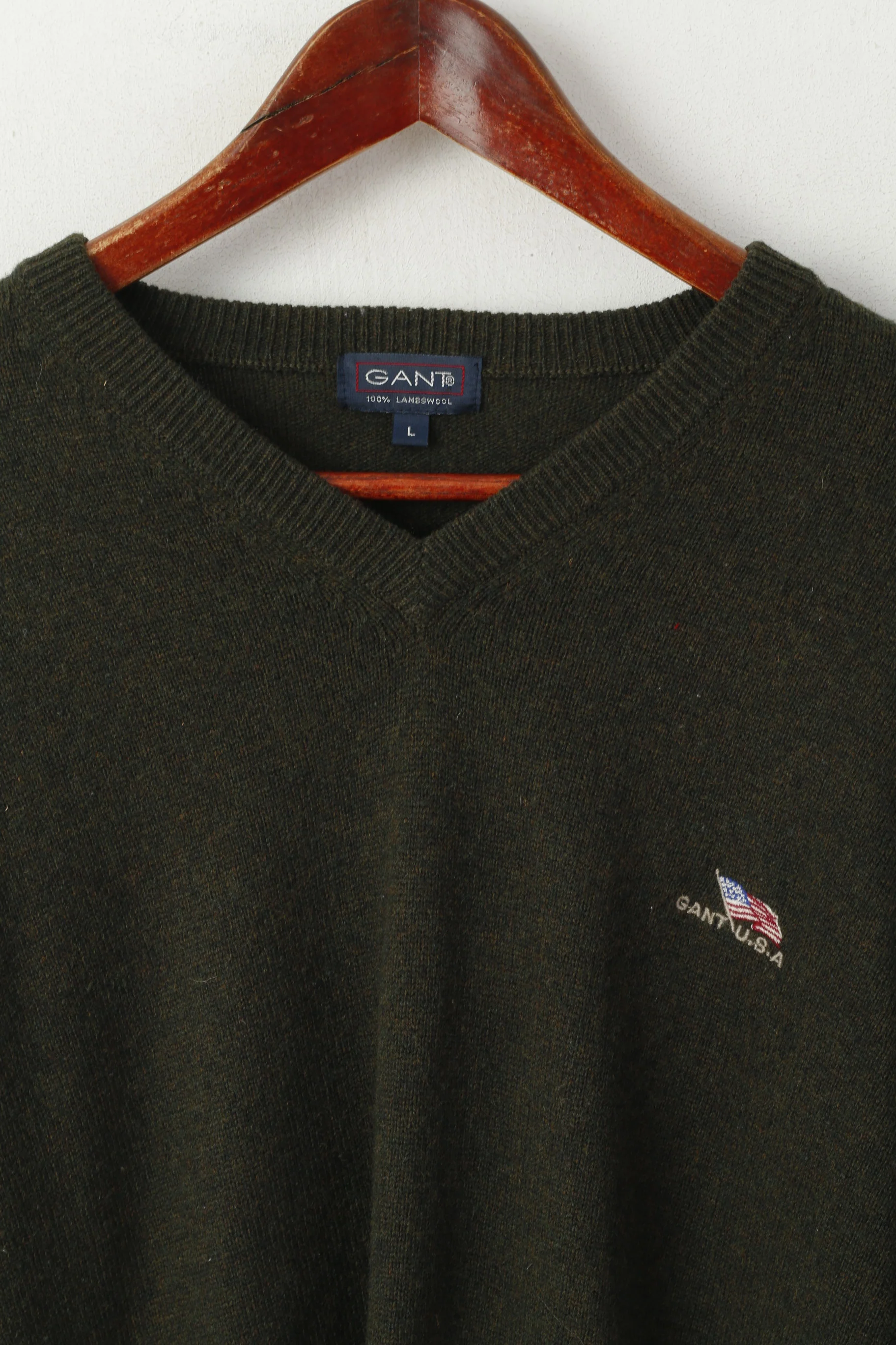 Gant Men L Jumper Green 100% Wool V Neck Classic USA Soft Sweater - Image 2