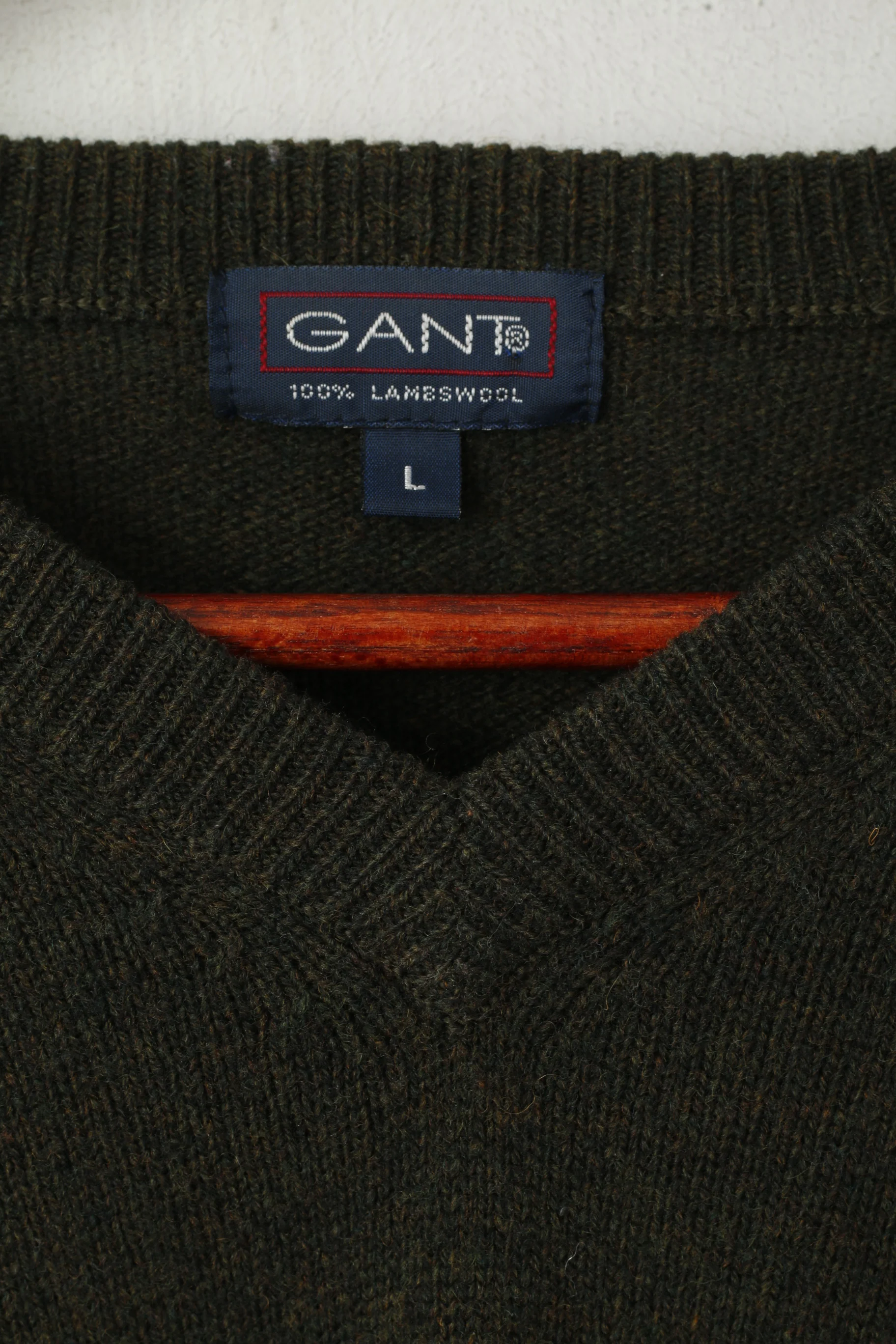 Gant Men L Jumper Green 100% Wool V Neck Classic USA Soft Sweater - Image 3
