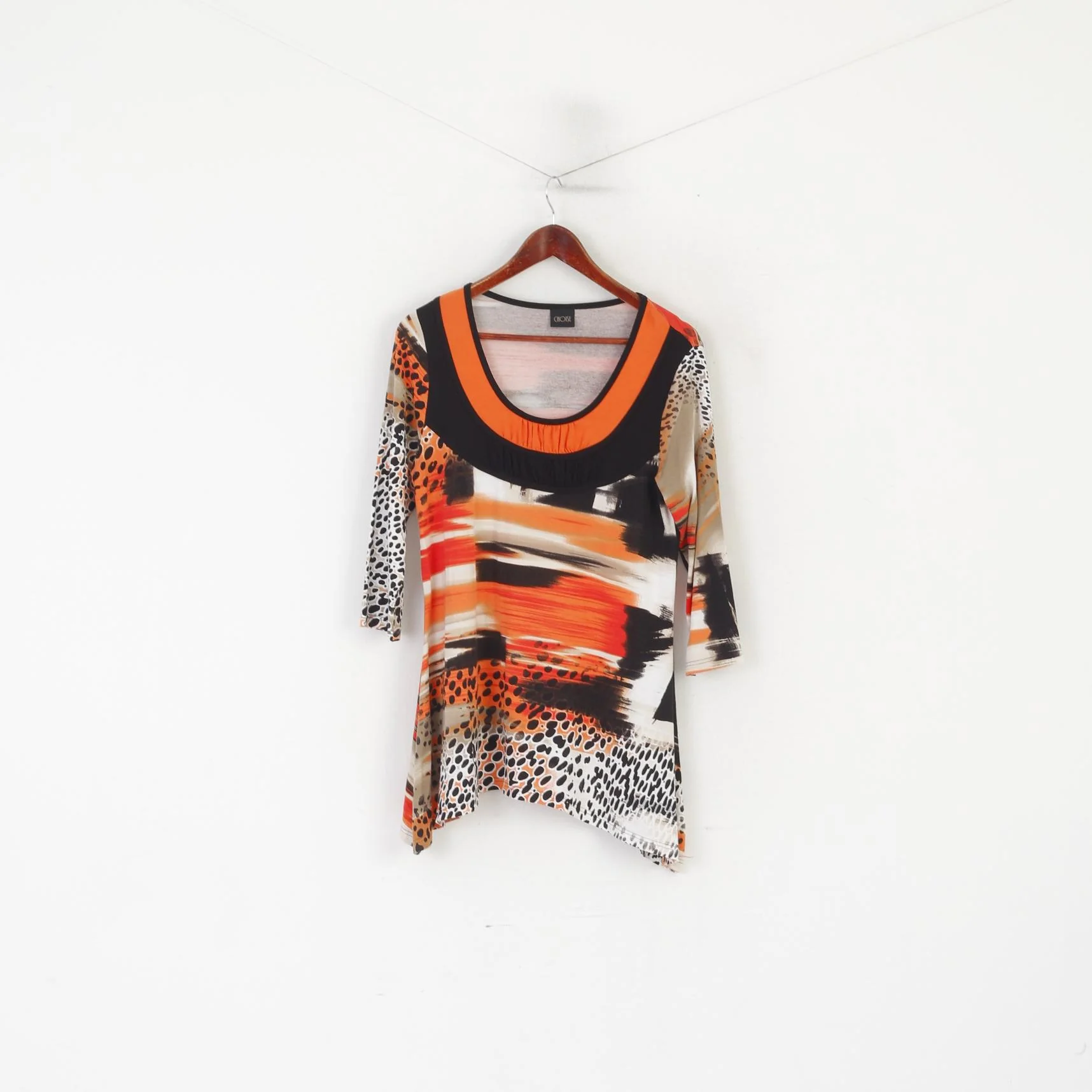Choise Women M Shirt Orange Black Viscose Stretch Crew Neckline Tunic