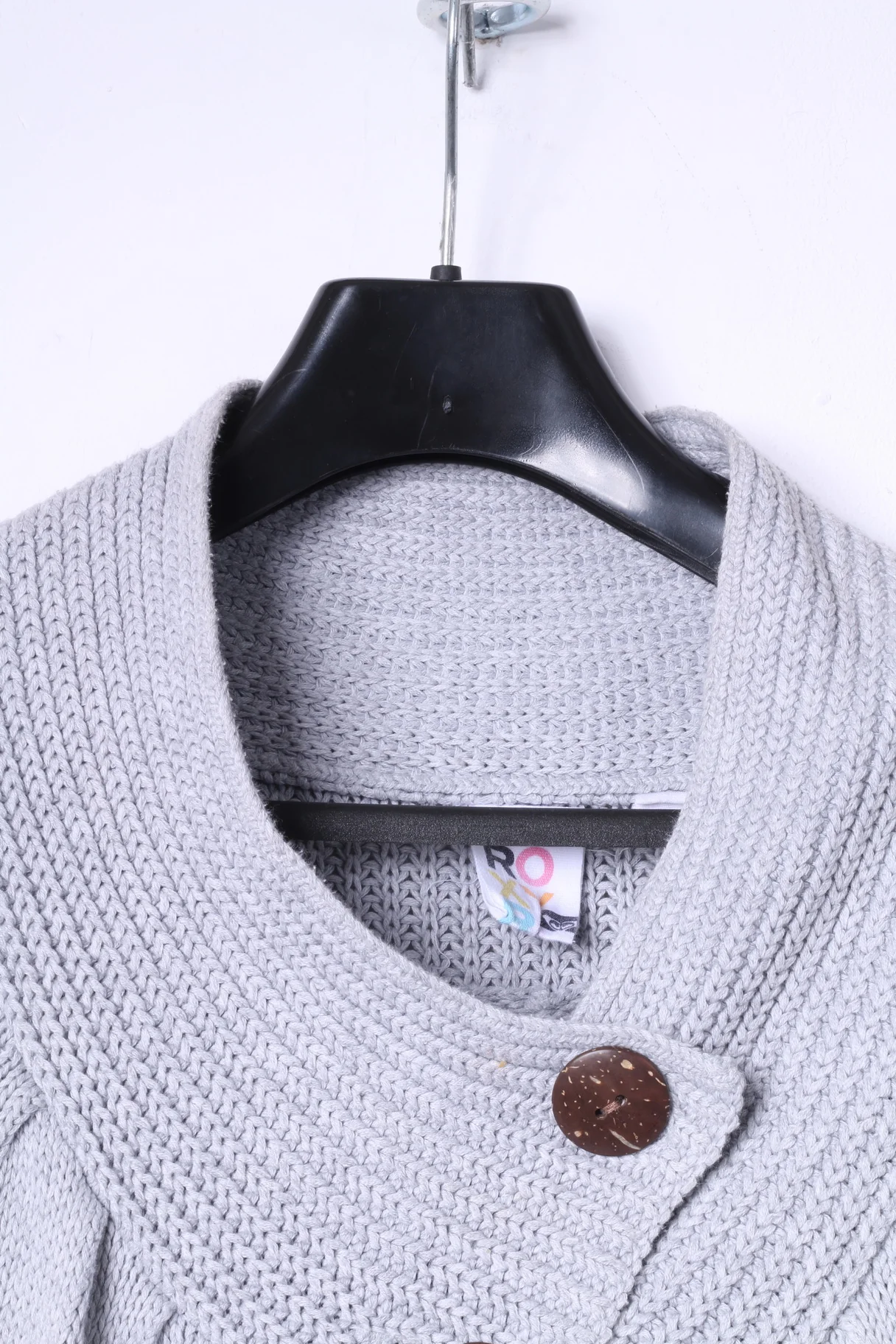 ROXY Women XL Jumper Grey Cotton Two Buttons Cardigan Short Sleeve Top - Image 2