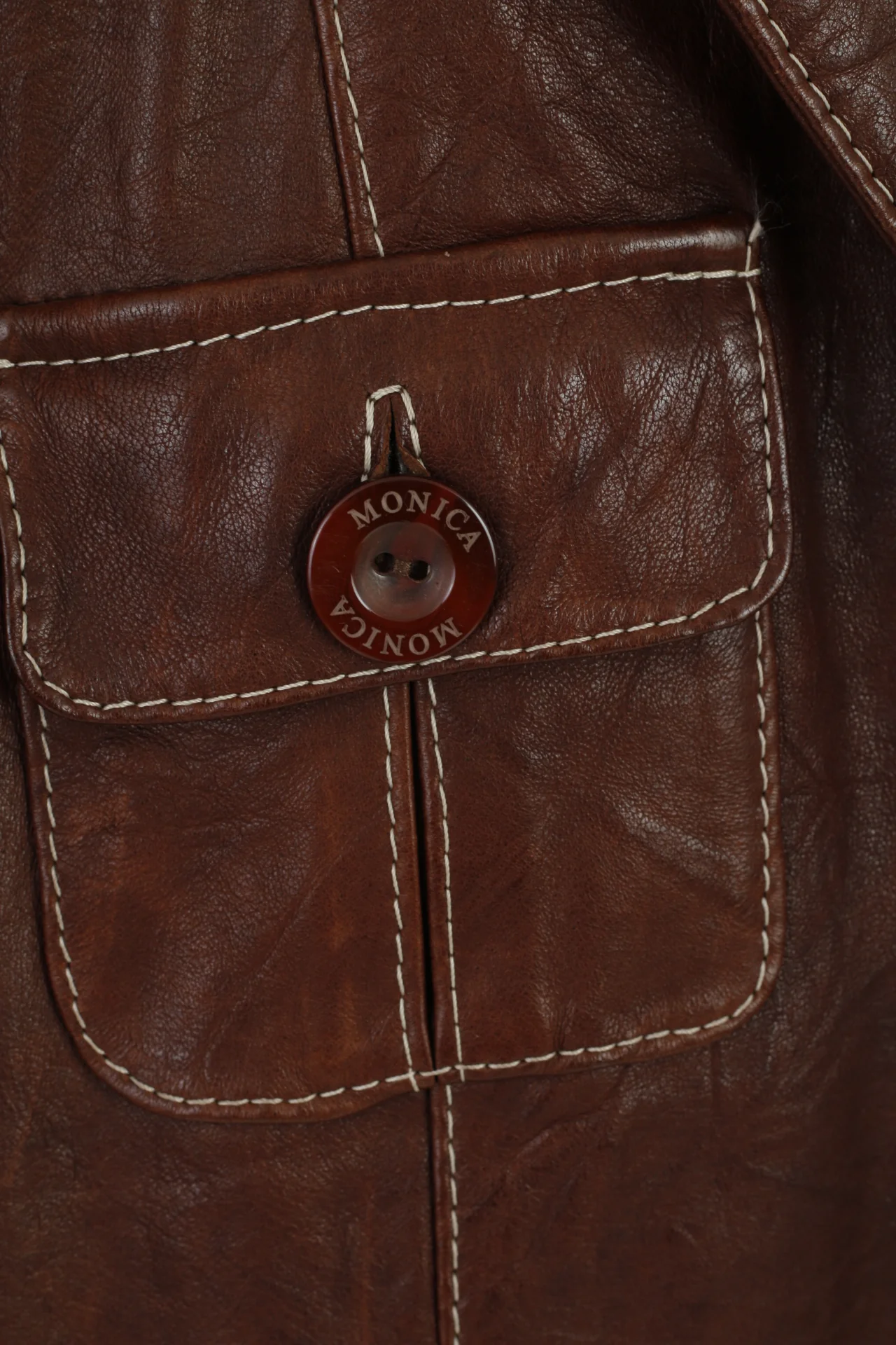 MONICA Women S/M Jacket Brown Leather Buttoned Multi Pockets Blazer Shoulder Pads Top - Image 5