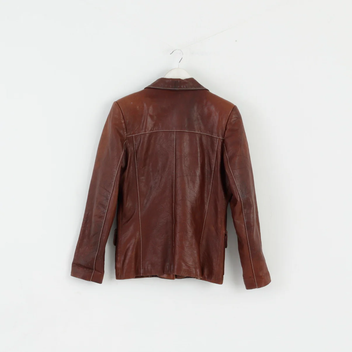 MONICA Women S/M Jacket Brown Leather Buttoned Multi Pockets Blazer Shoulder Pads Top - Image 7