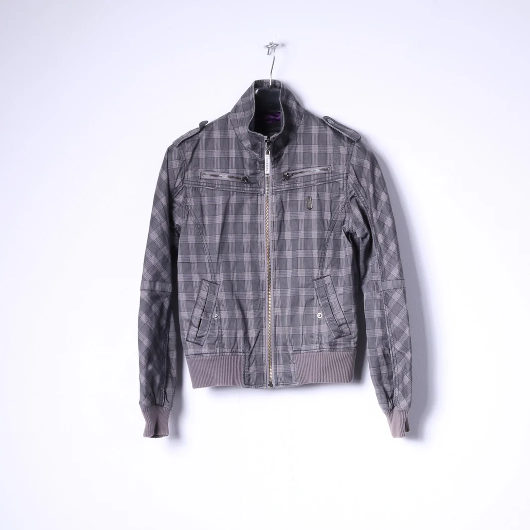 Diesel Womens M (S) Jacket Grey Check Cotton Multi Pockets Full Zippered Top