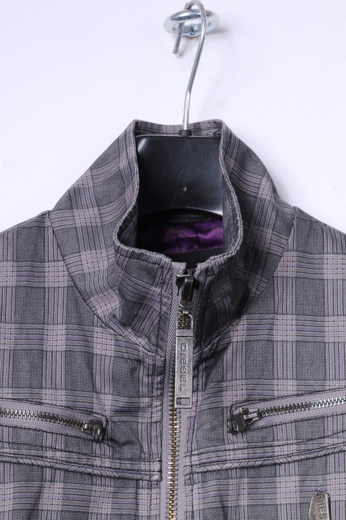 Diesel Womens M (S) Jacket Grey Check Cotton Multi Pockets Full Zippered Top - Image 2