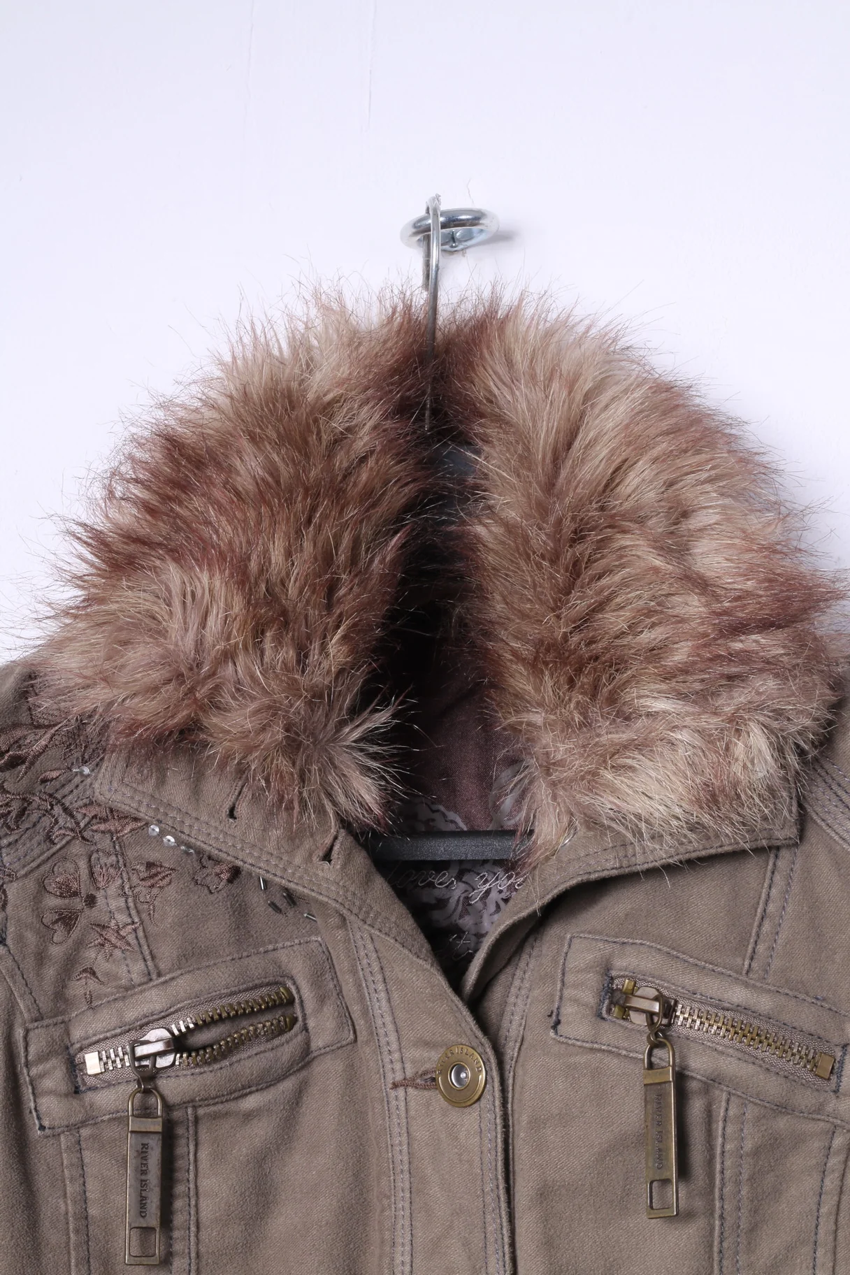 River Island Womens 34 8 S Jacket Brown Cotton Long Emroidered Fur Collar Coat - Image 2