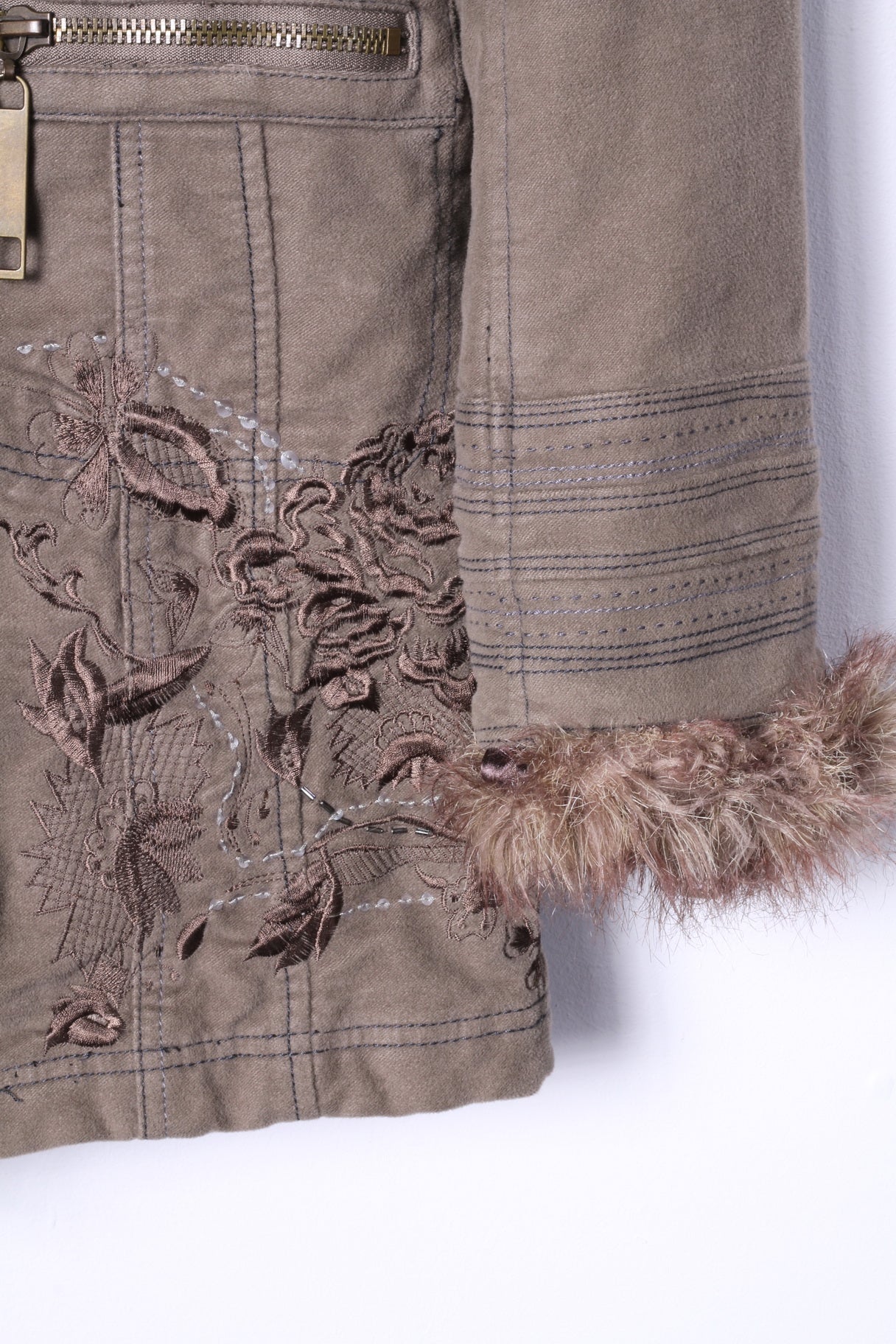 River Island Womens 34 8 S Jacket Brown Cotton Long Emroidered Fur Collar Coat - Image 5