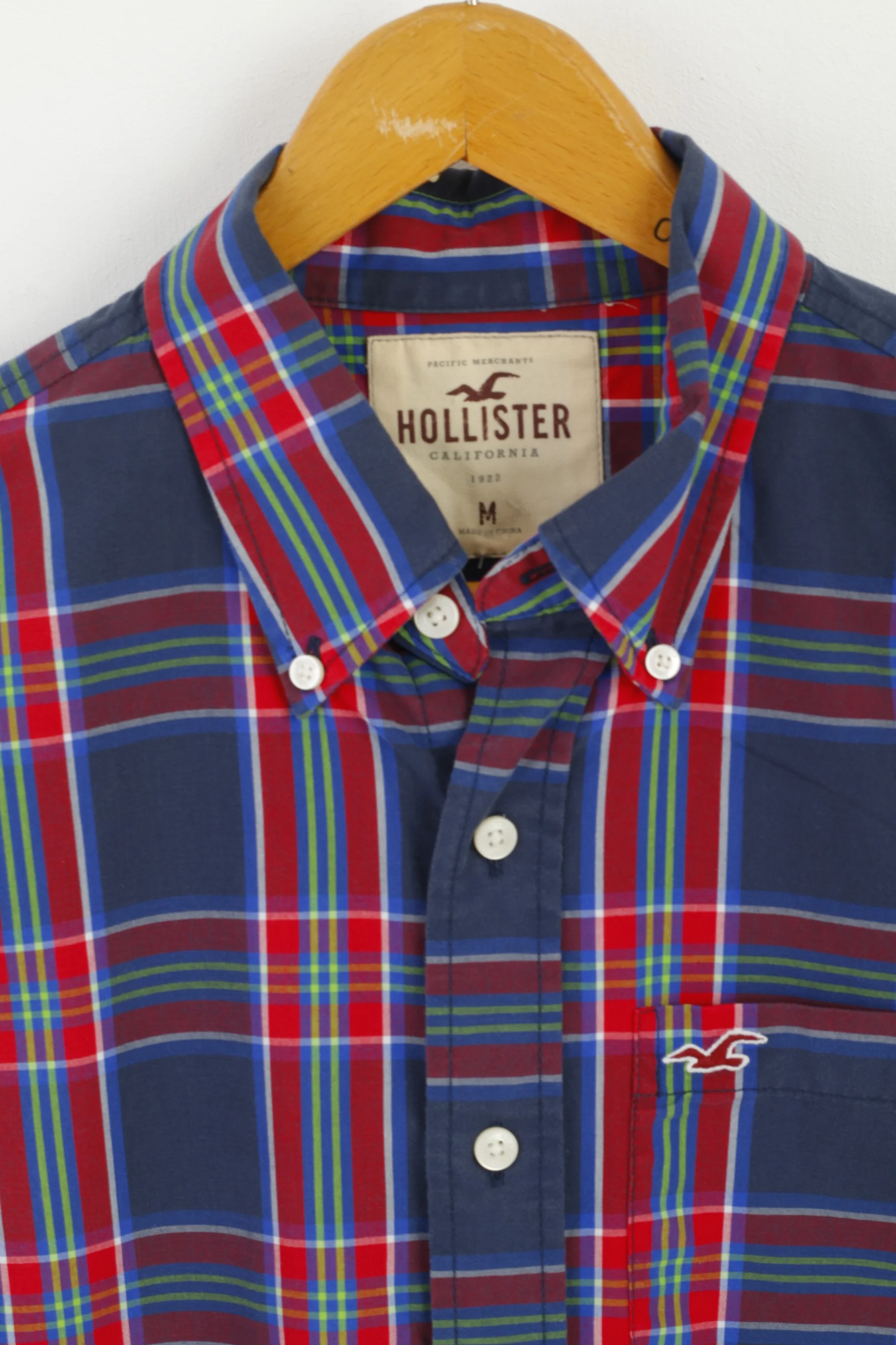 Hollister Men M Casual Shirt Navy Red Check Cotton Buttons Down Collar Top - Image 2
