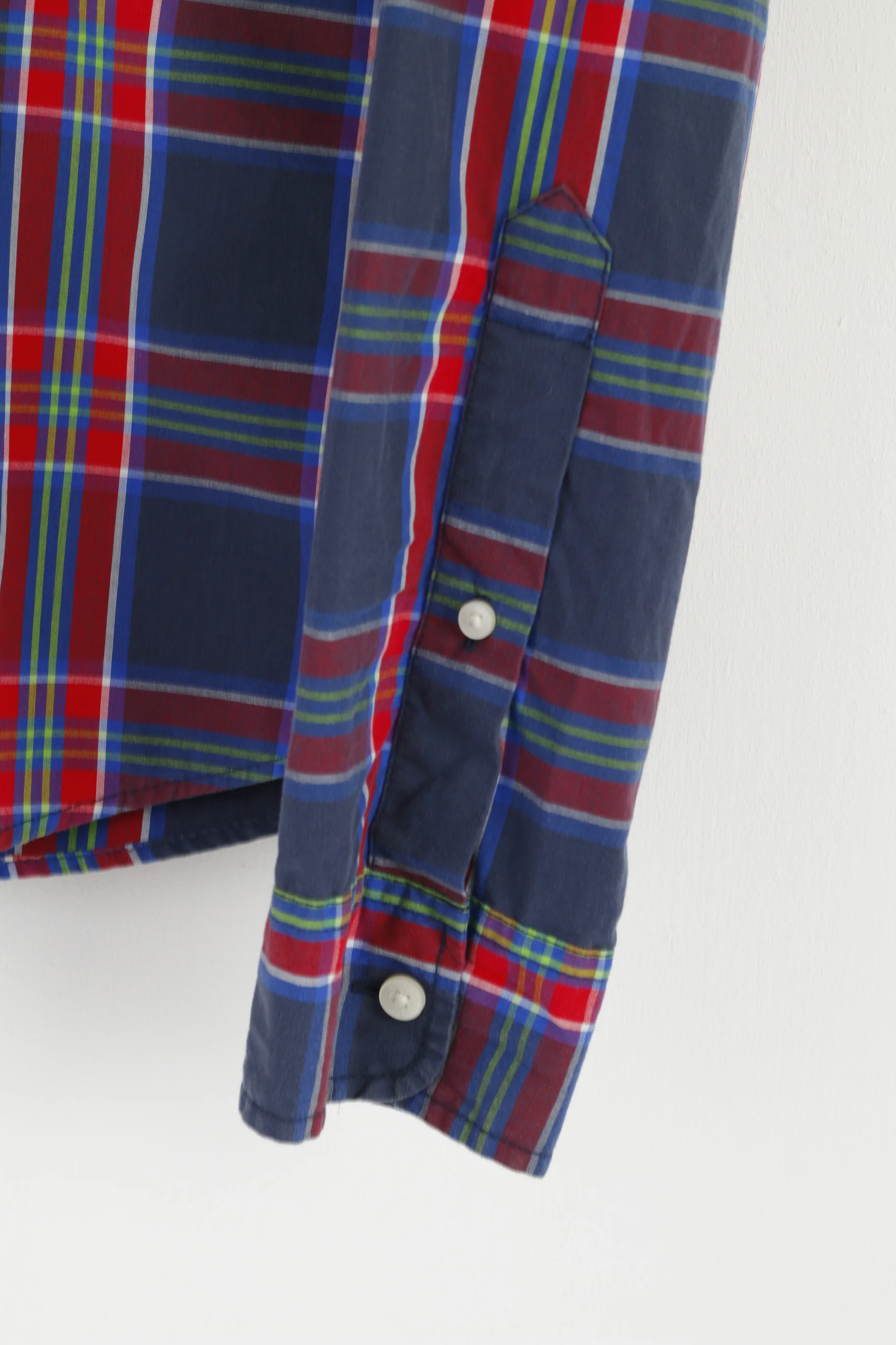 Hollister Men M Casual Shirt Navy Red Check Cotton Buttons Down Collar Top - Image 3