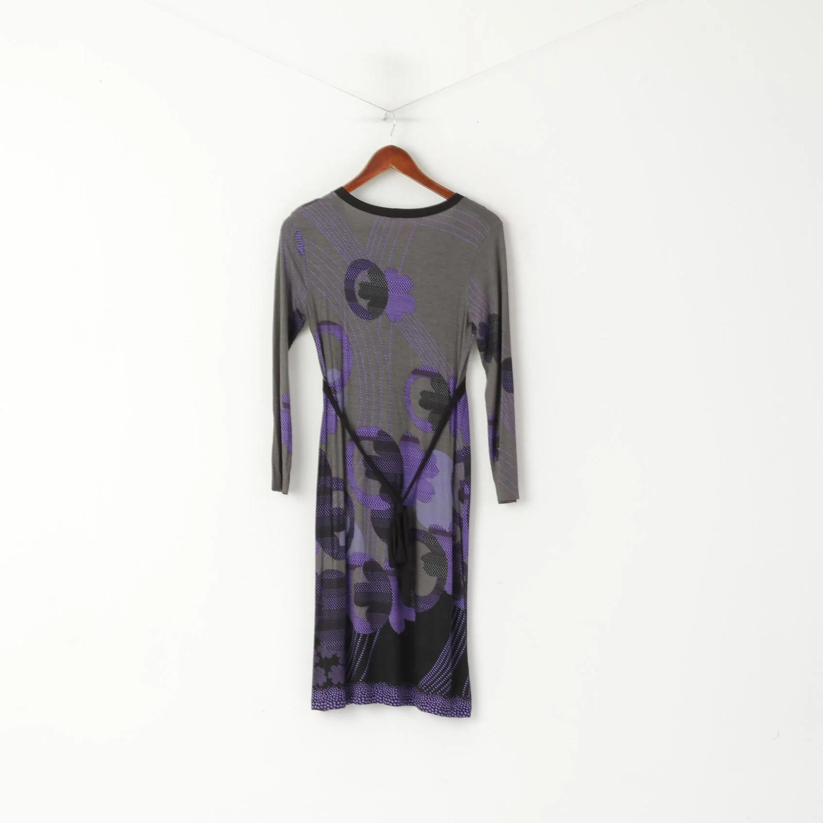 United Colors Of Benetton Women XS Midi Dress Gray Purple Floral Print V Neck Long Sleeve - Image 5