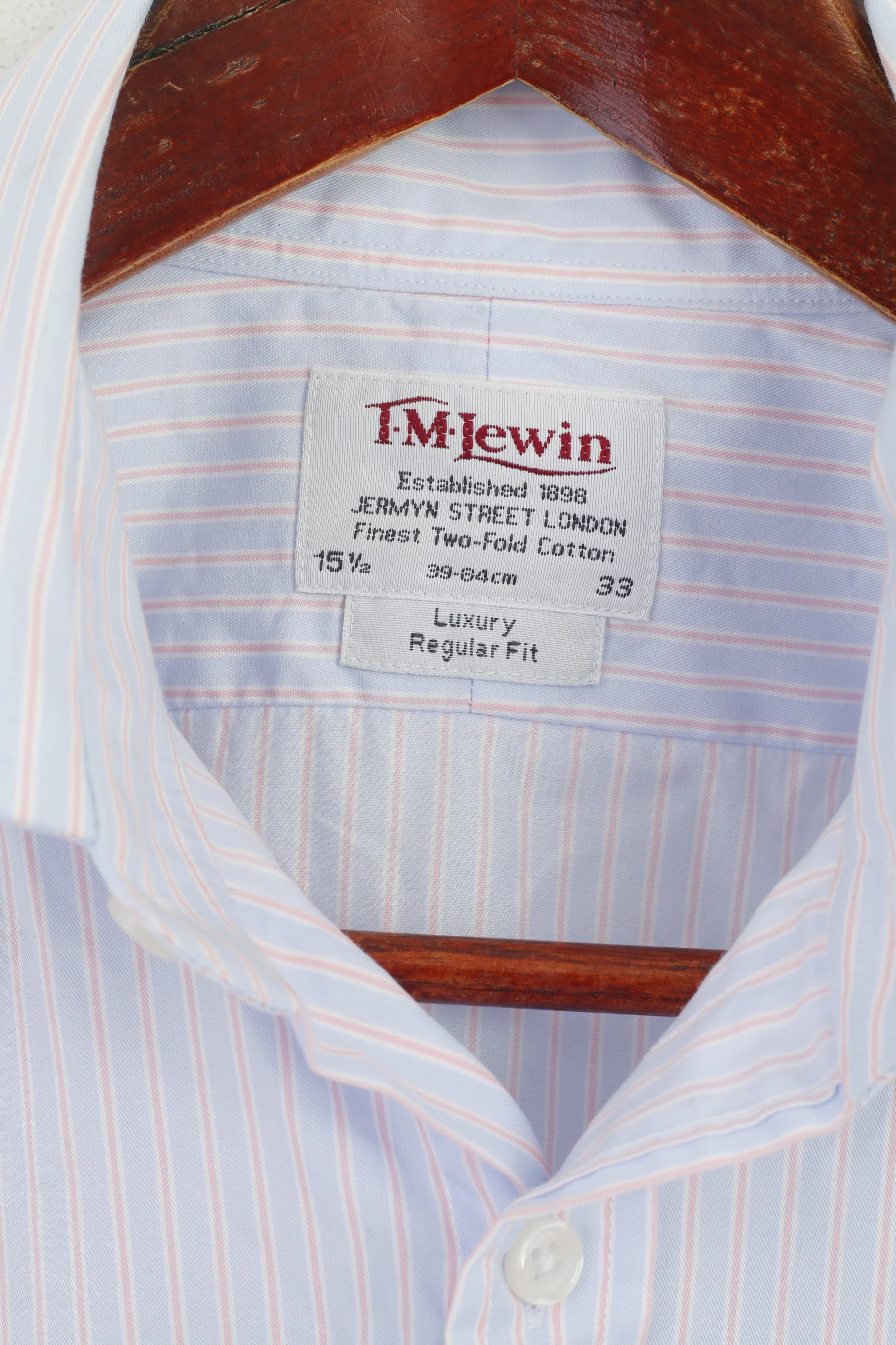 T.M. Lewin Men 15.5 33 L Casual Shirt Blue STriped Cotton Cuff Long Sleeve Luxury Top - Image 4