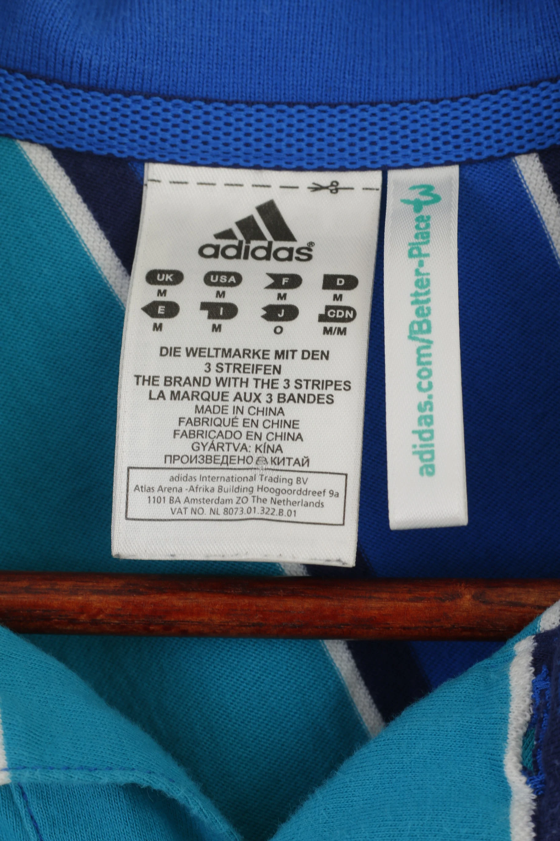 Adidas Men M Polo Shirt Blue Striped Organic Cotton Vintage Detailed Buttons Top - Image 3