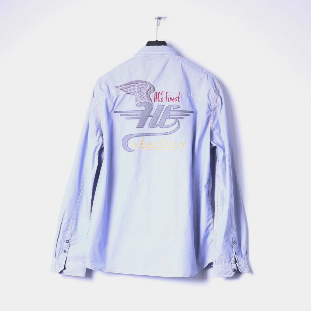 Henry Choice Jeans Mens XXL Casual Shirt Blue Striped Embroidered Long Sleeve - Image 9