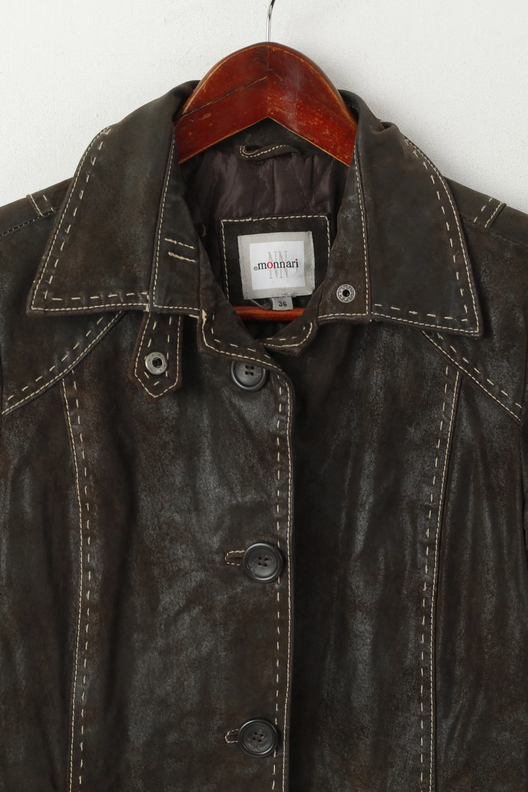 Monnari Women 36 S Leather Jacket Brown Vintage Single Breasted Shiny Coat - Image 2