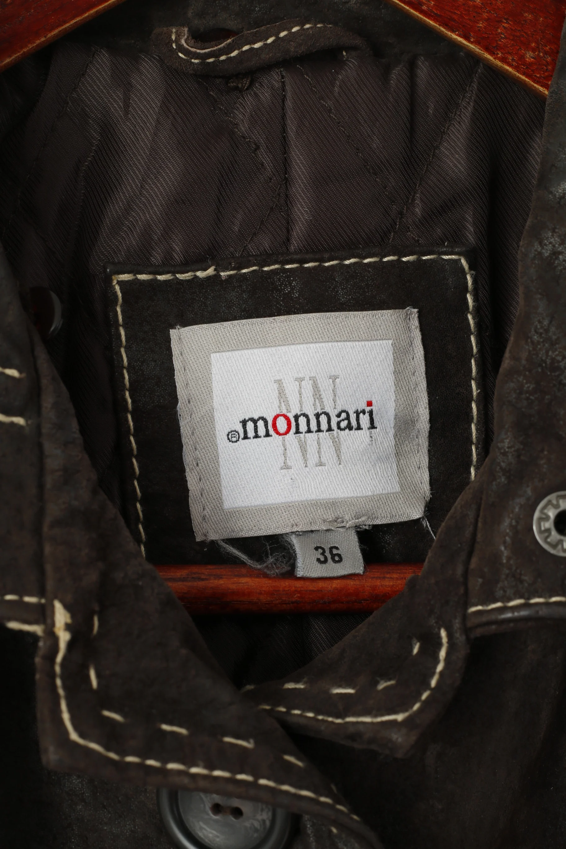 Monnari Women 36 S Leather Jacket Brown Vintage Single Breasted Shiny Coat - Image 4