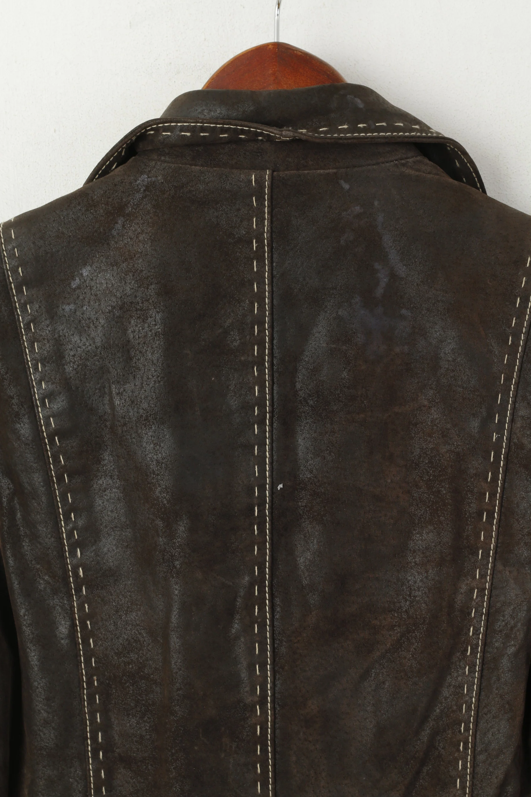 Monnari Women 36 S Leather Jacket Brown Vintage Single Breasted Shiny Coat - Image 6