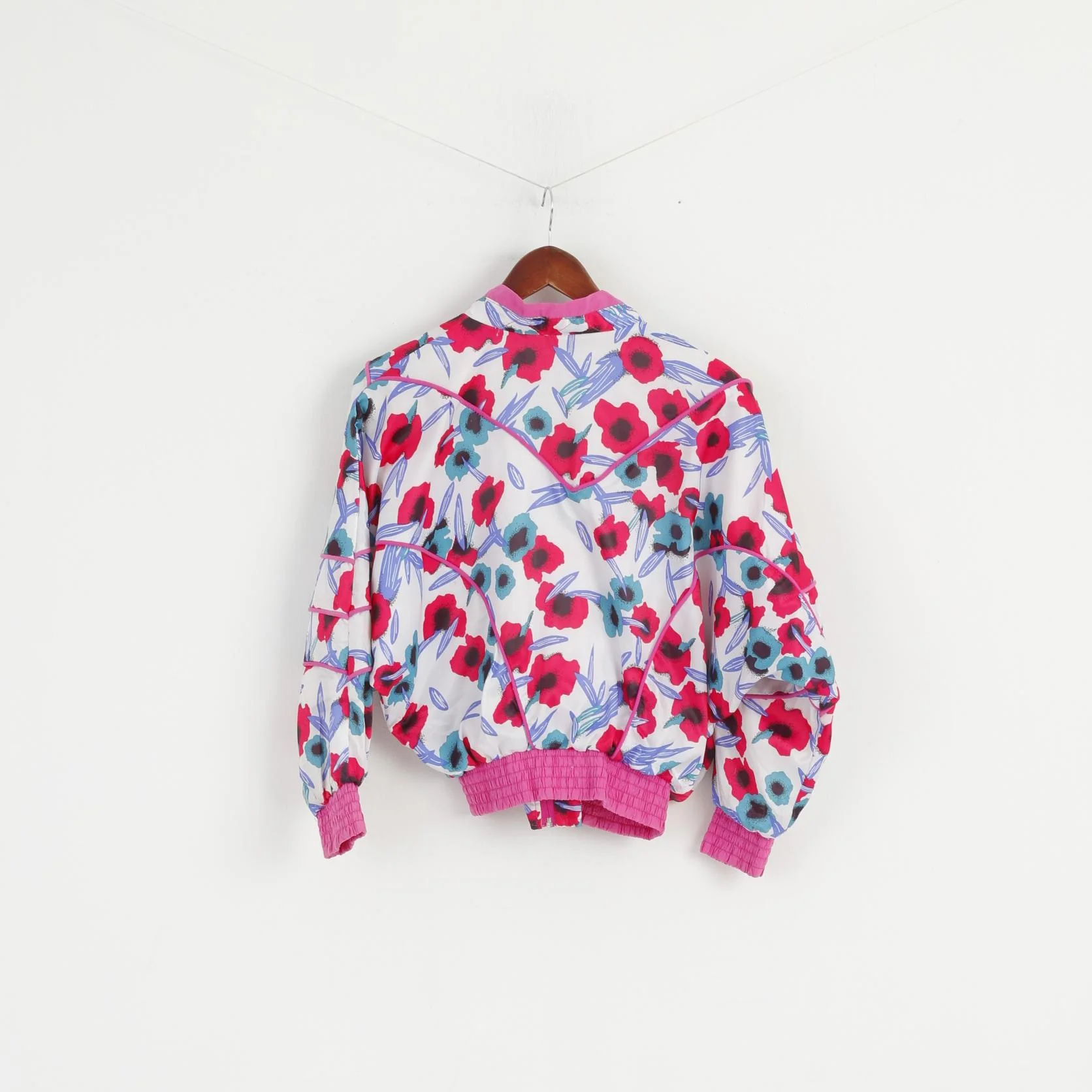 Diamond Cut By Umbro Girls 156 Jacket Pink Floral Bomber Zip Up Shpulder Pads Retro Top - Image 5