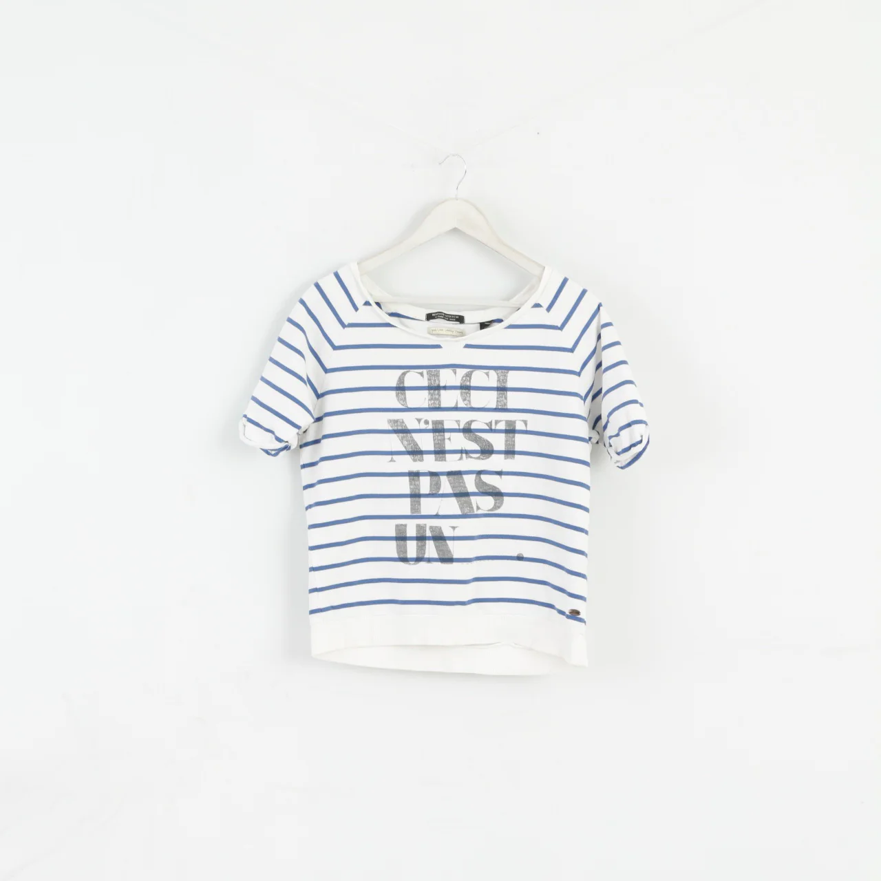 Maison Scotch Women 2 S Blouse White Blue Striped Cotton Short Sleeve Top