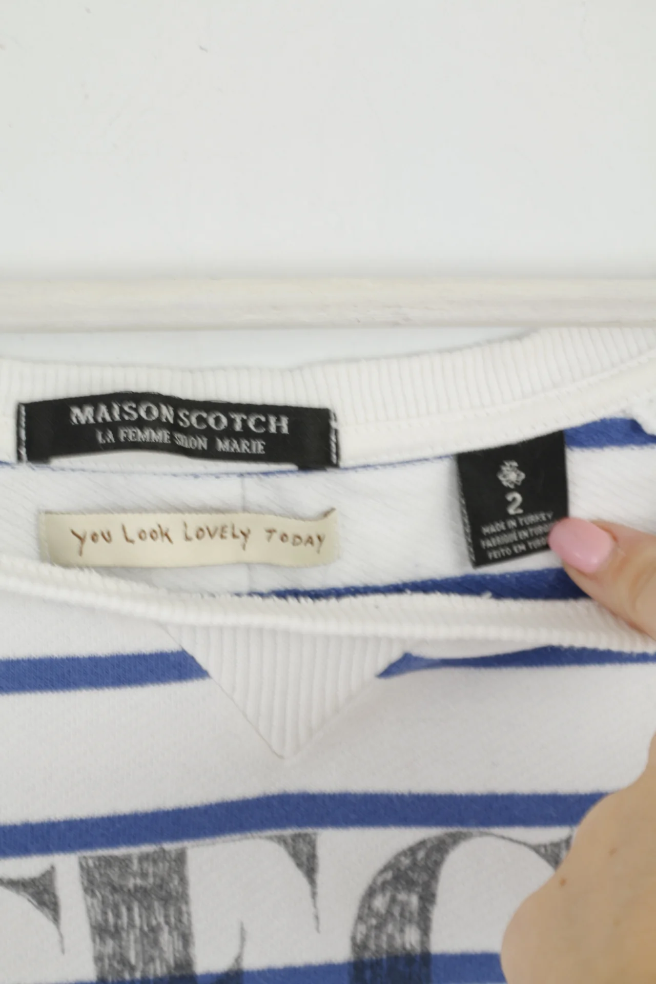 Maison Scotch Women 2 S Blouse White Blue Striped Cotton Short Sleeve Top - Image 3
